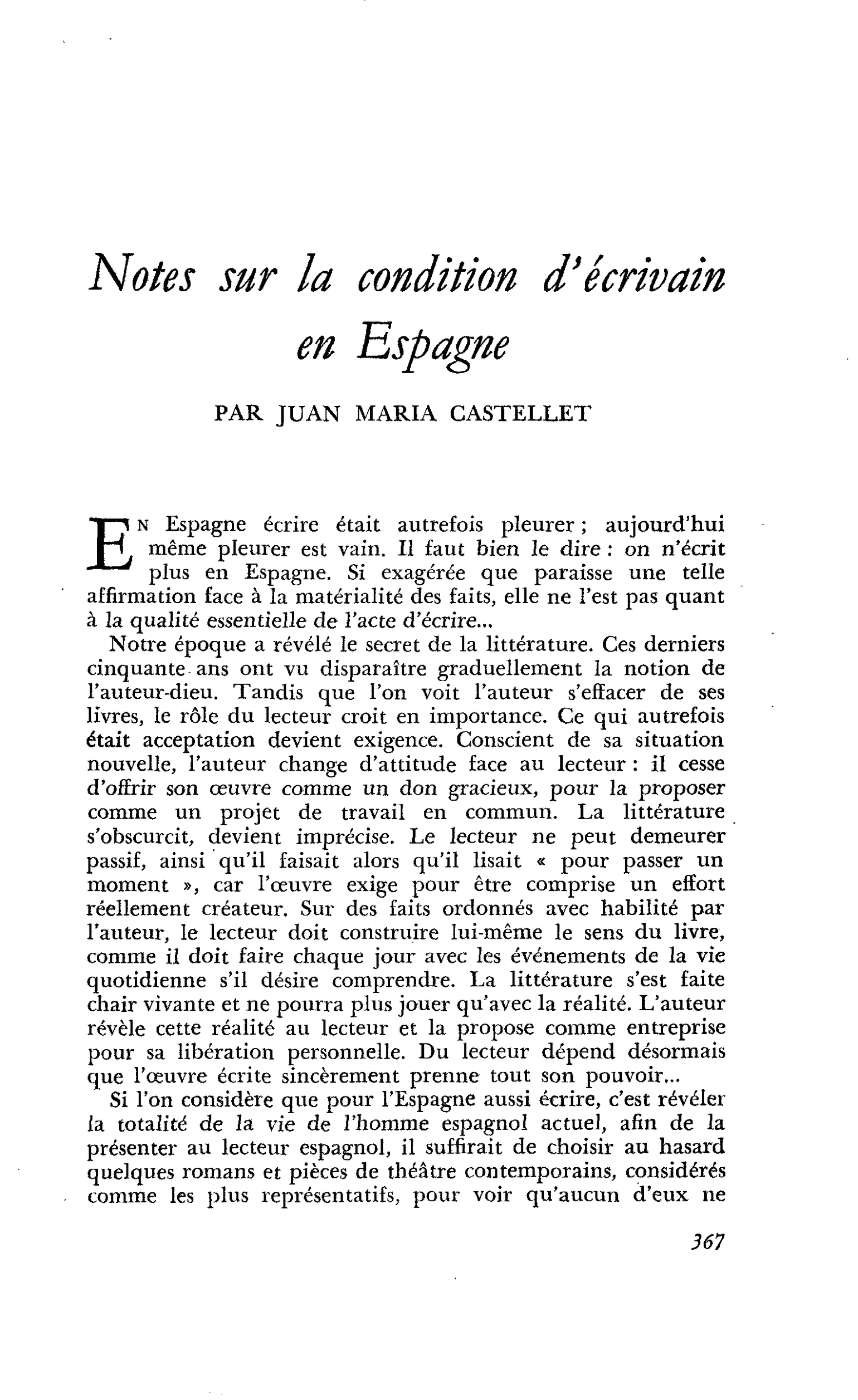 Notes sur la condition d’écrivain en Espagne
