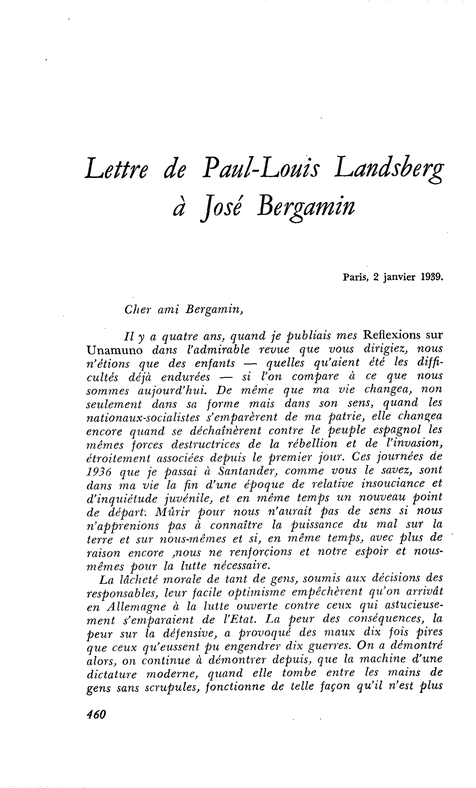 Lettre de Paul-Louis Landsberg à José Bergamin