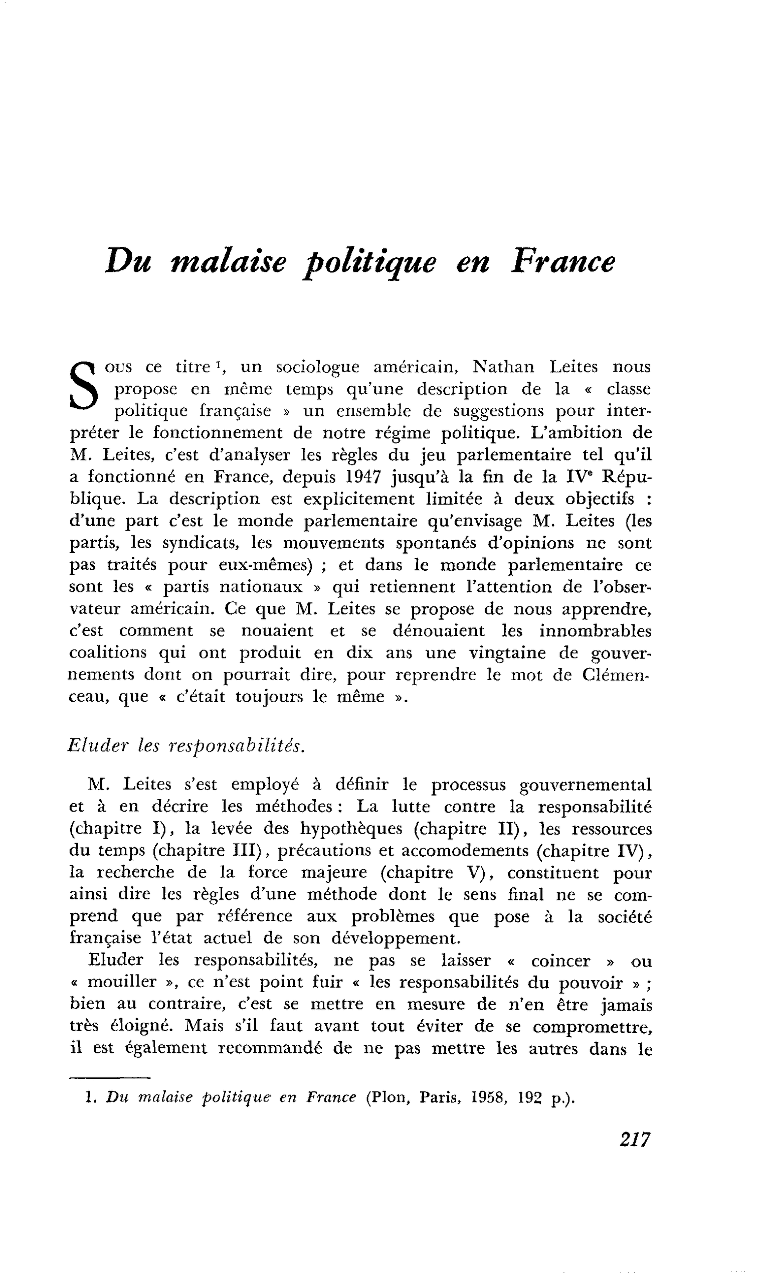 Du malaise politique en France