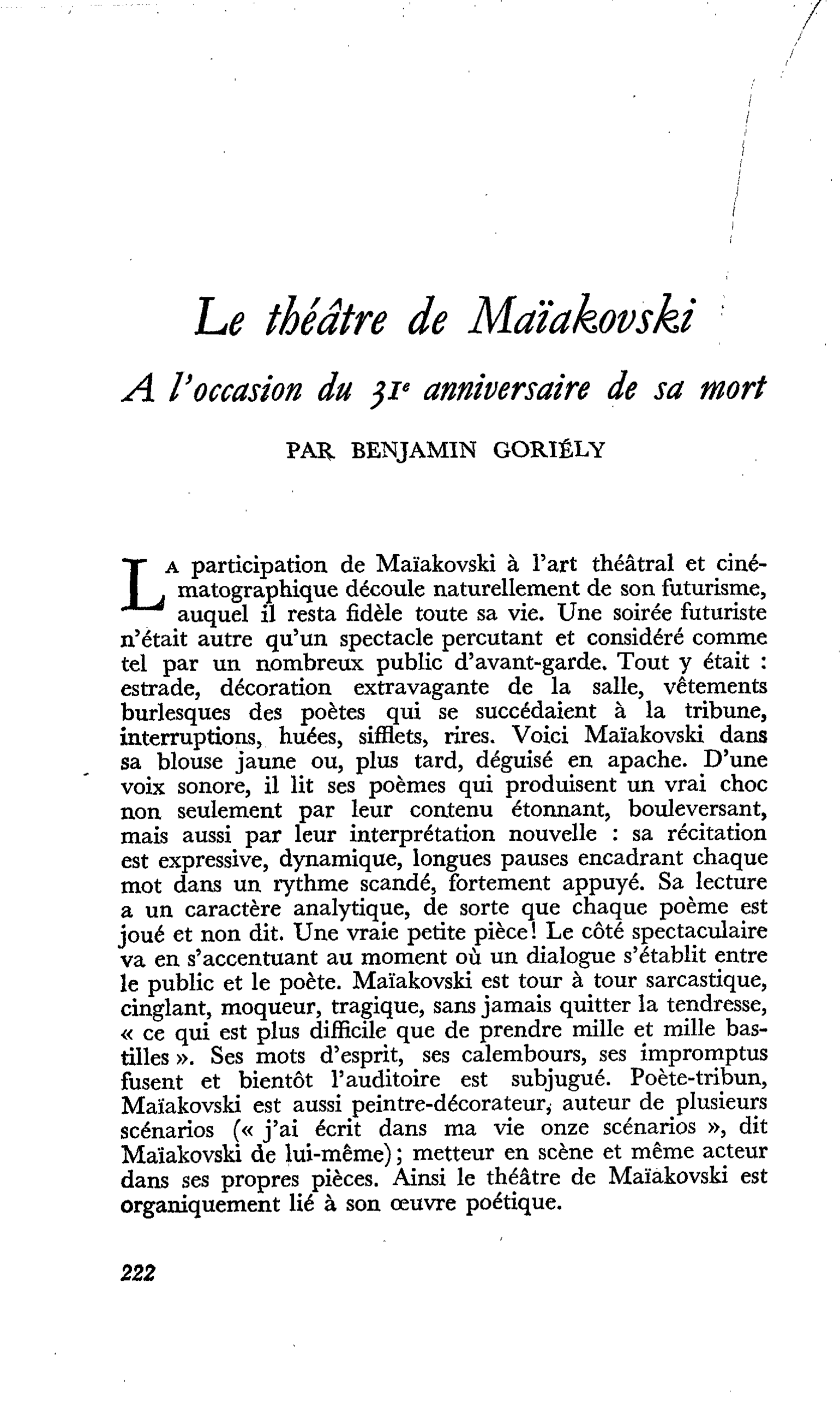 Le théâtre de Maïakovski. A l’occasion du 31e anniversaire de sa mort