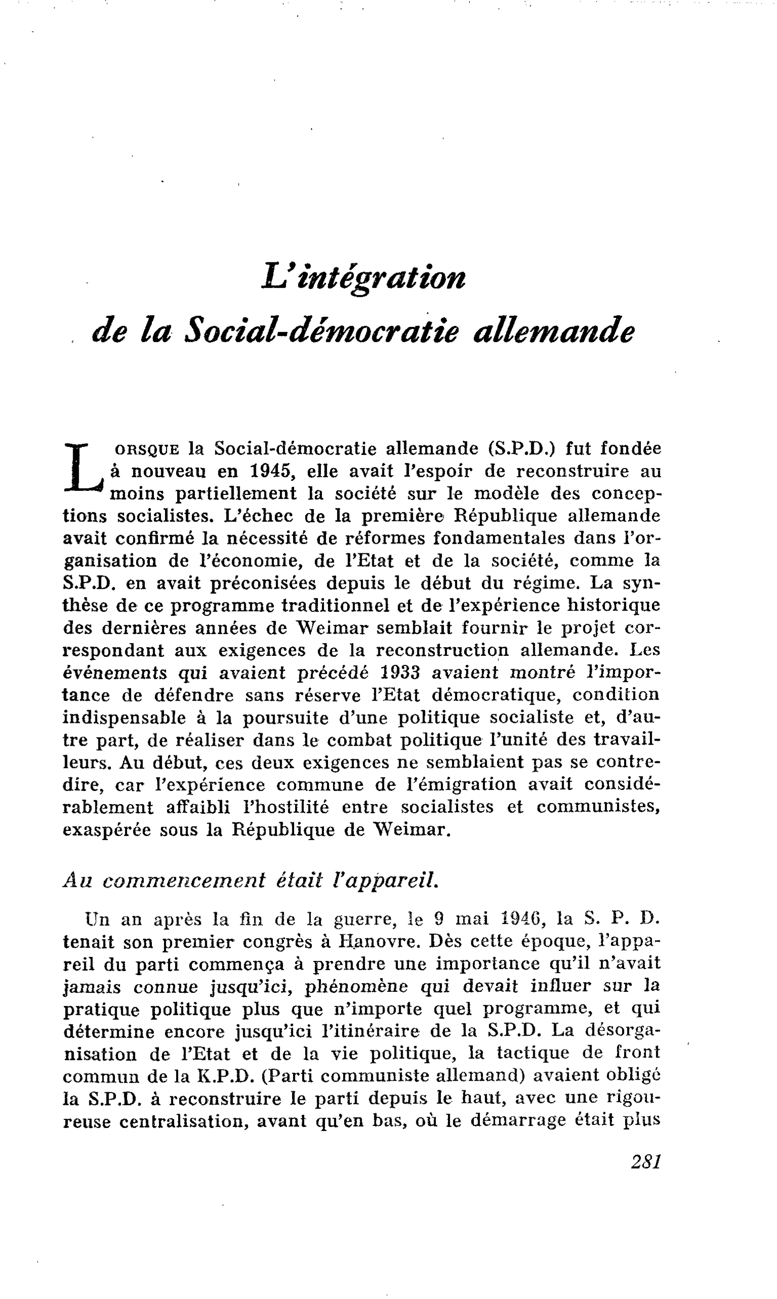 L’intégration de la Social-démocratie allemande