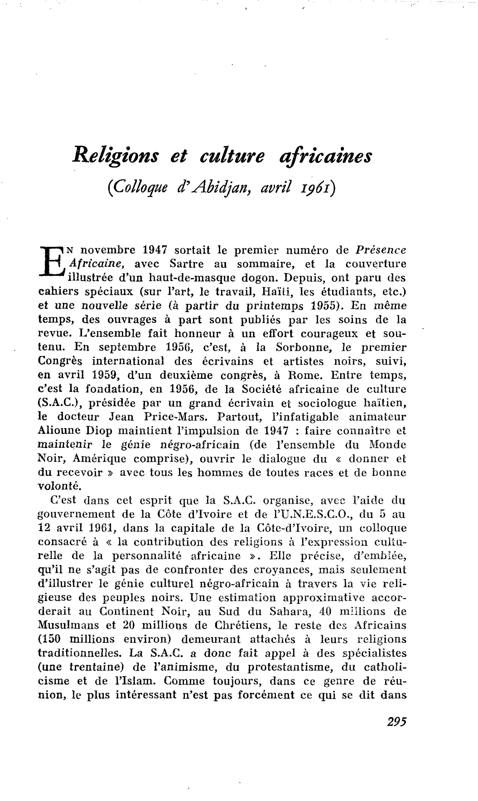 Religions et culture africaines (Colloque d:’Abidjan, avril 1961)