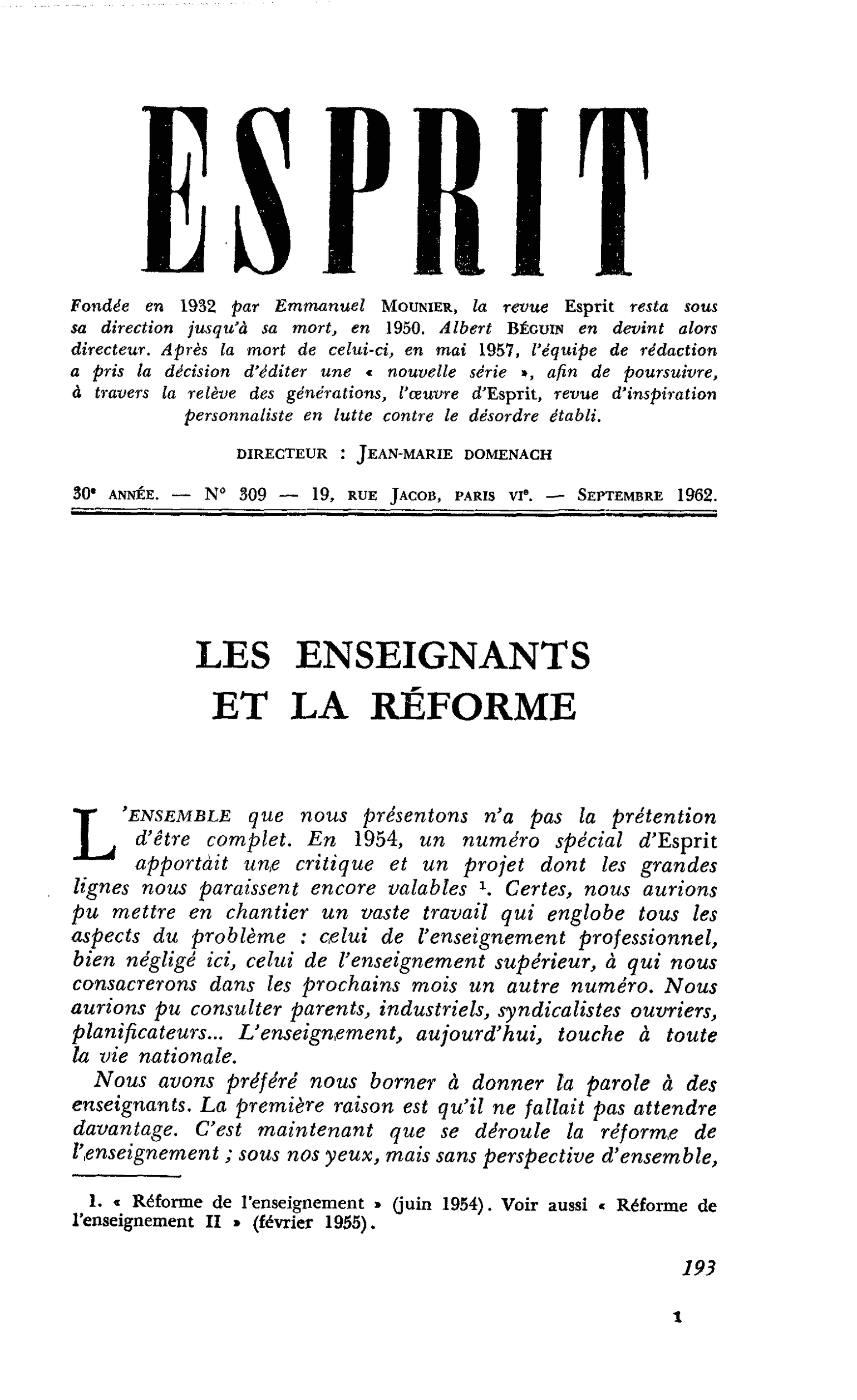 LES ENSEIGNANTS ET LA RÉFORME