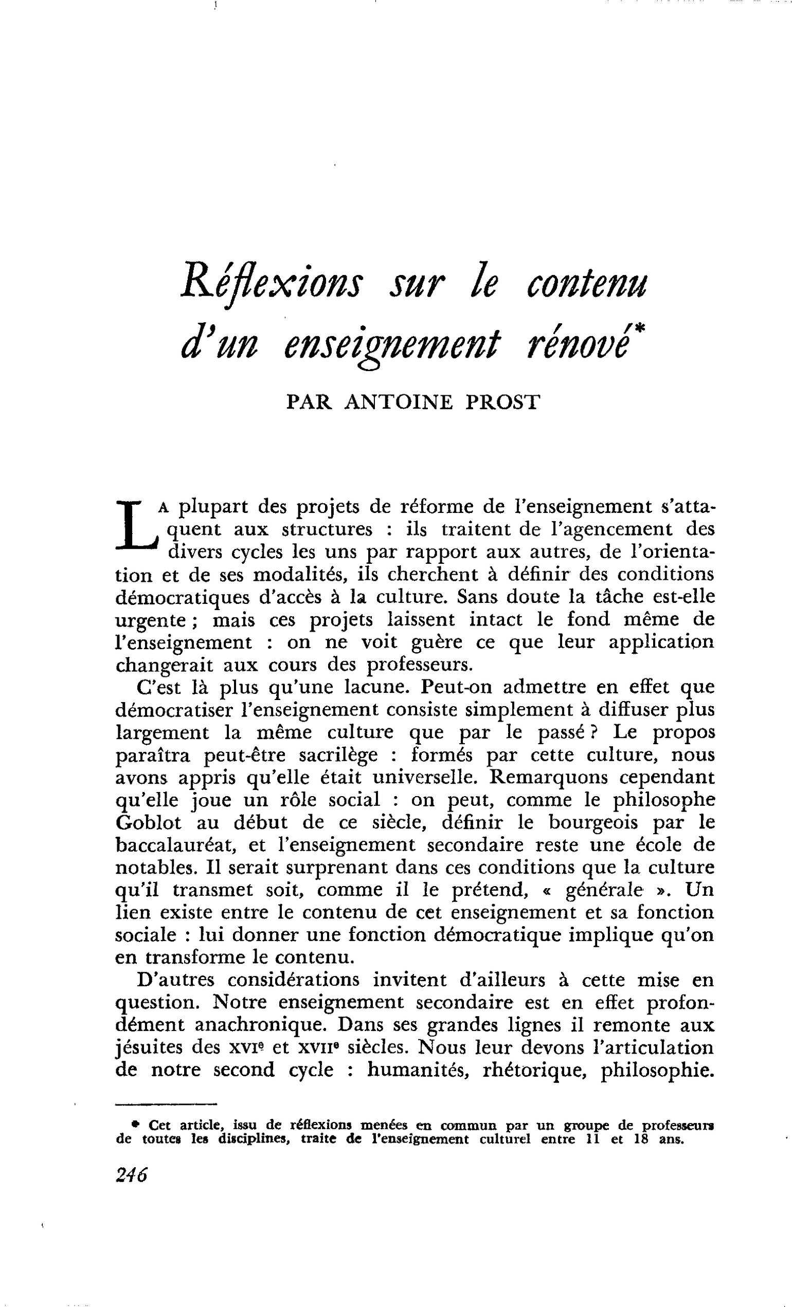 Réflexions sur le contenu d’un enseignement rénové