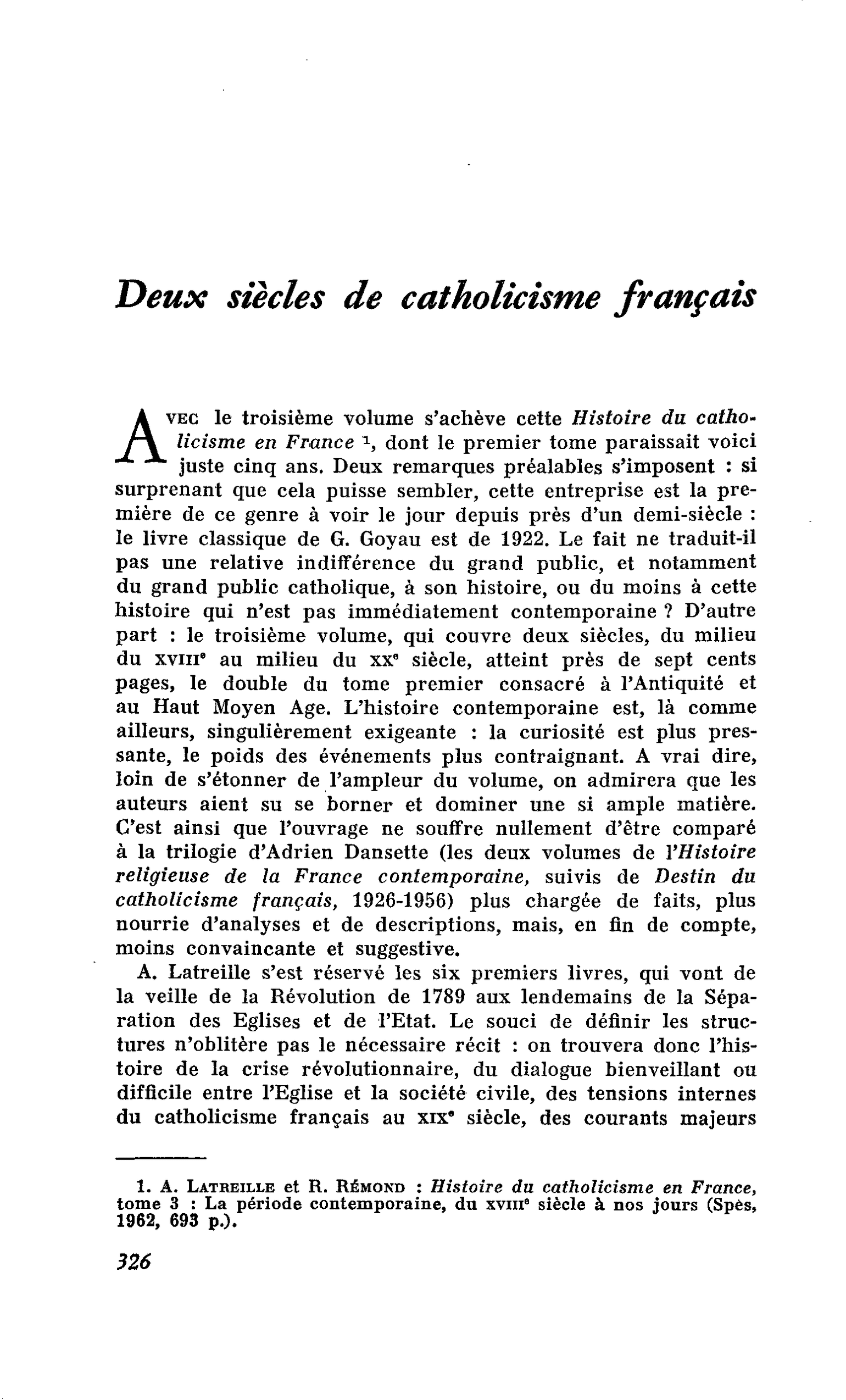 Deux siècles de catholicisme français