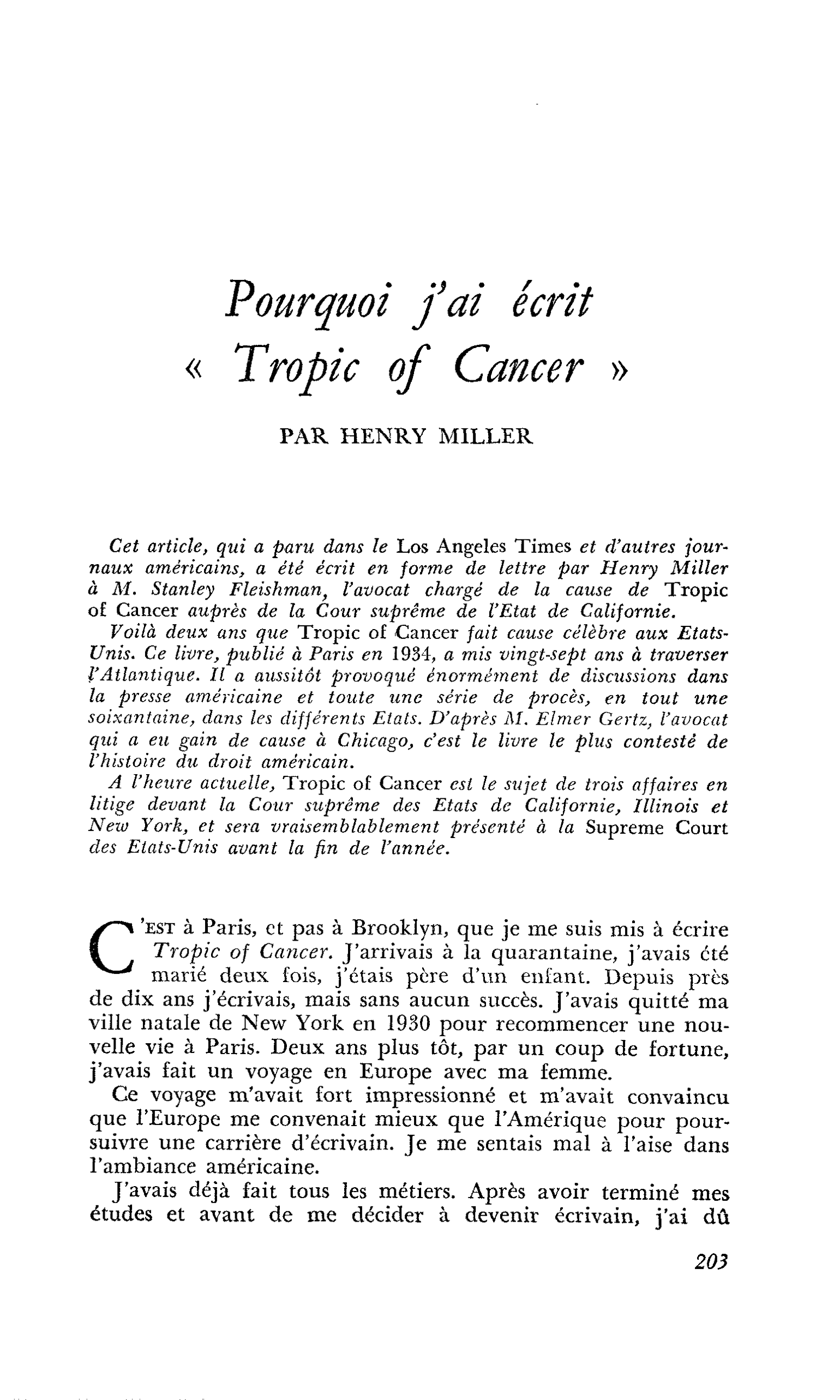 Pourquoi j’ai écrit « Tropic of Cancer »