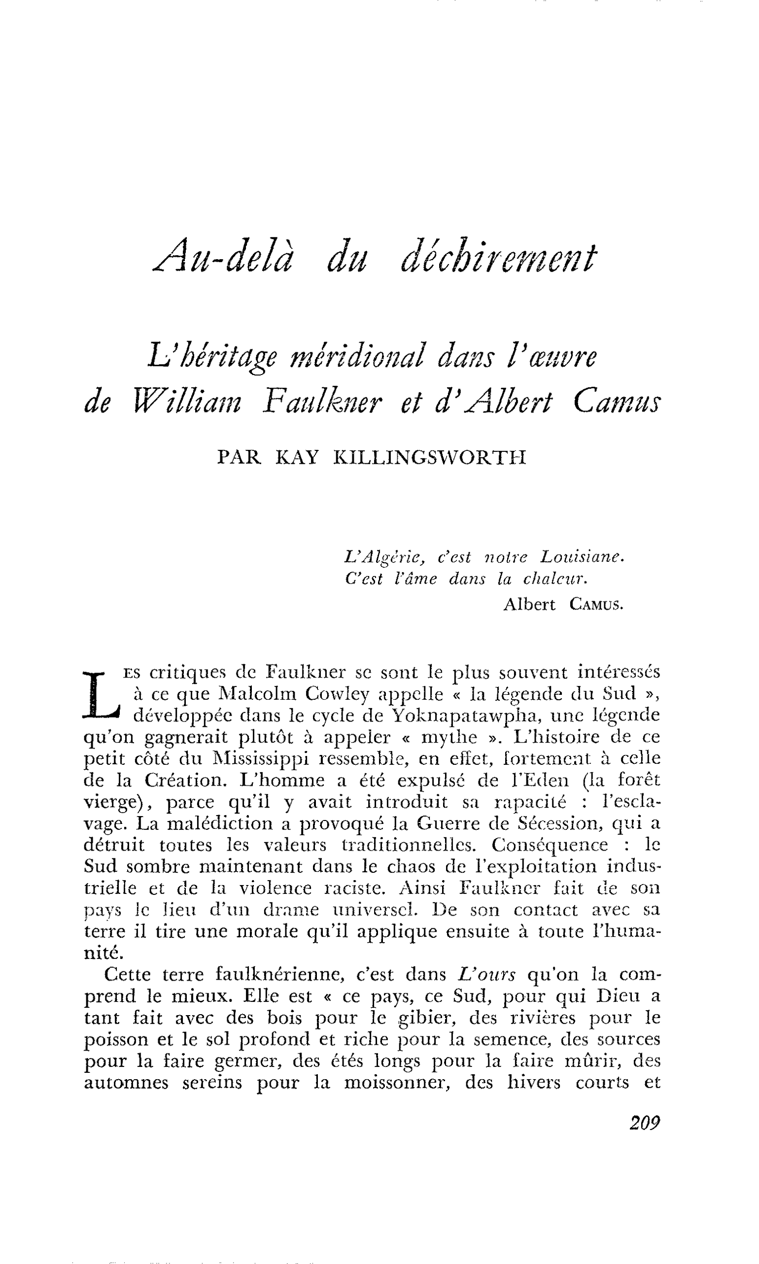 Au-delà du déchirement. L’héritage méridional dans l’oeuvre de William Faulkner et d’Albert Camus