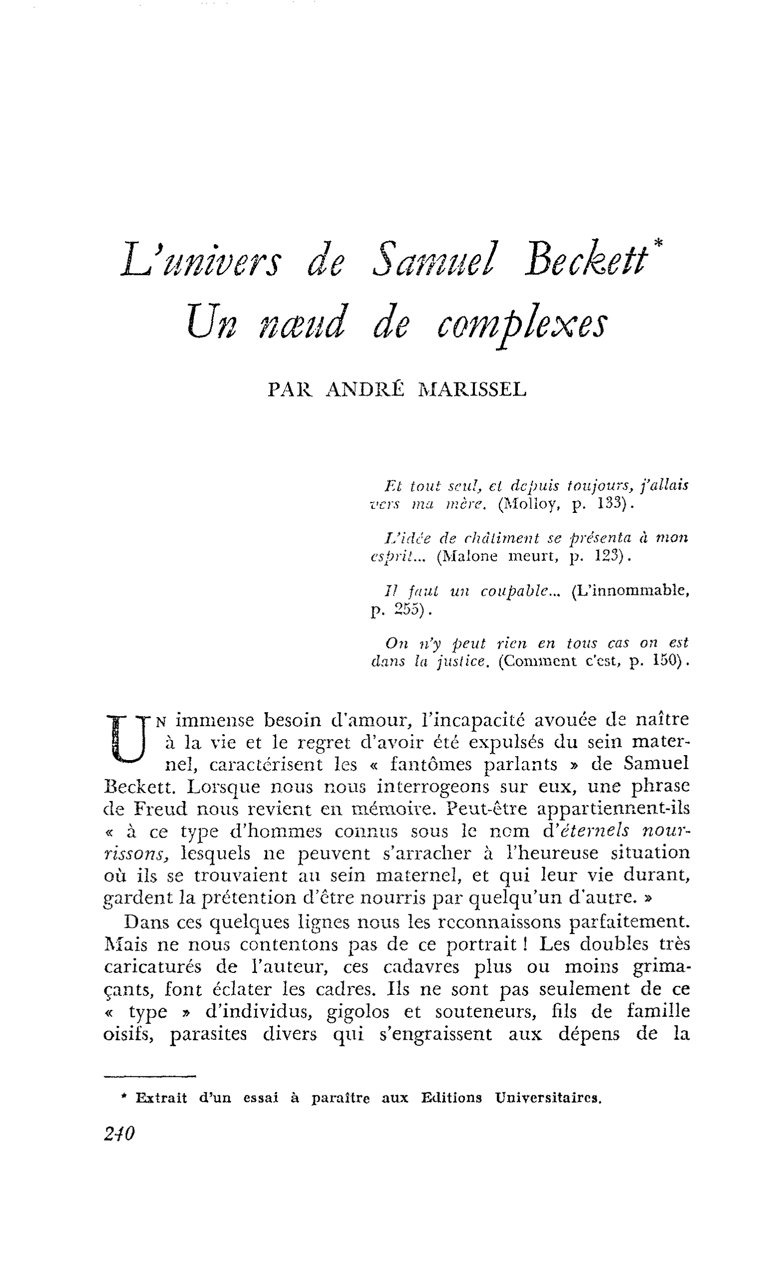 L’Univers de Samuel Beckett Un noeud de complexes
