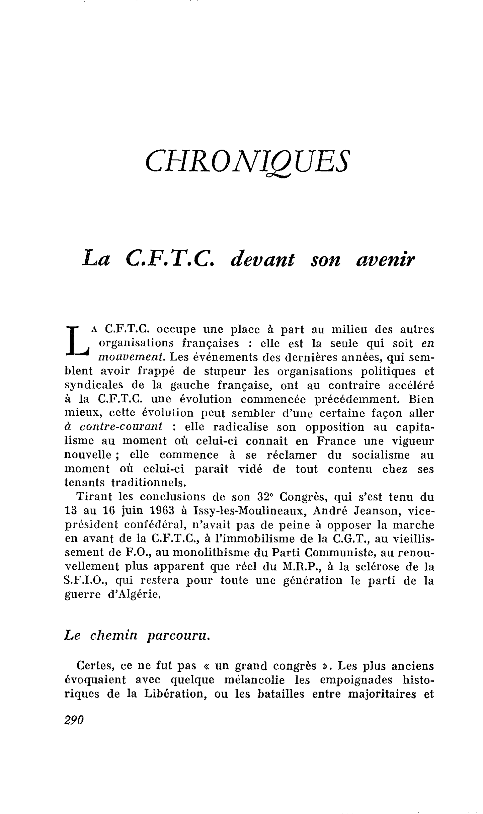 La C.F.T.C. devant son avenir
