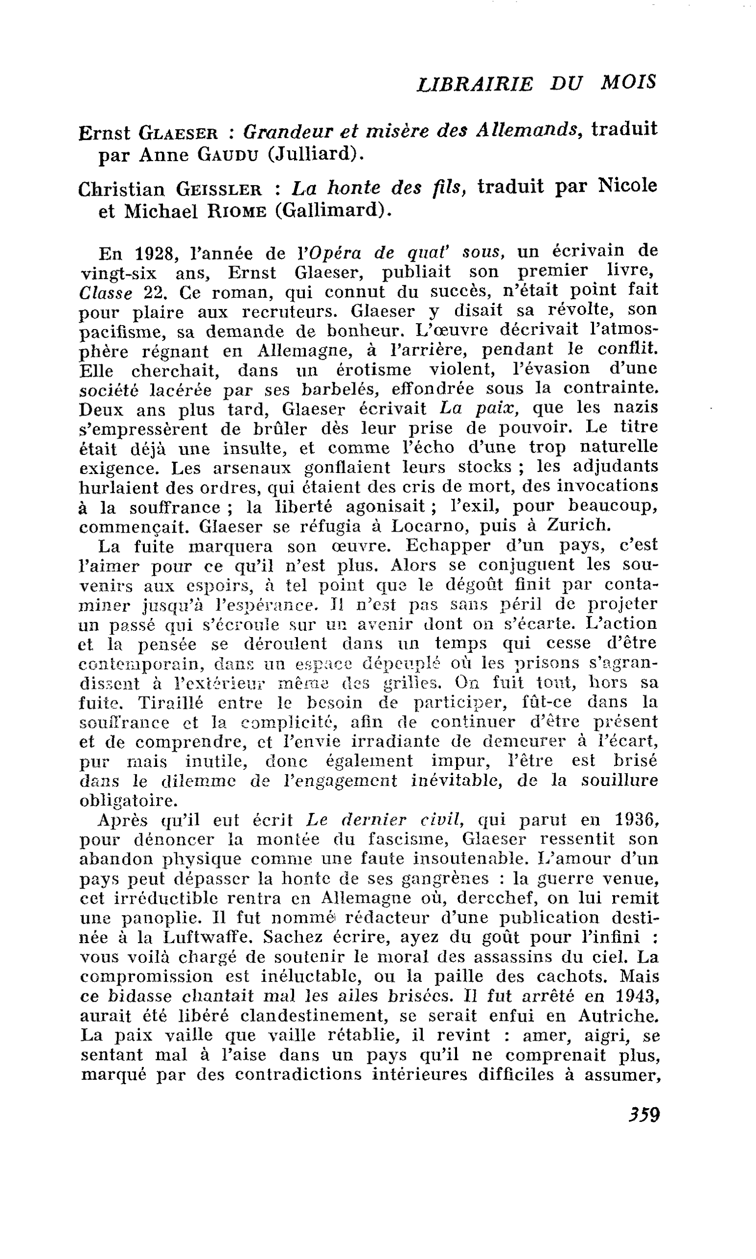 Ernst Glaeser : Grandeur et misère des Allemands. Christian Geissler : La honte des fils