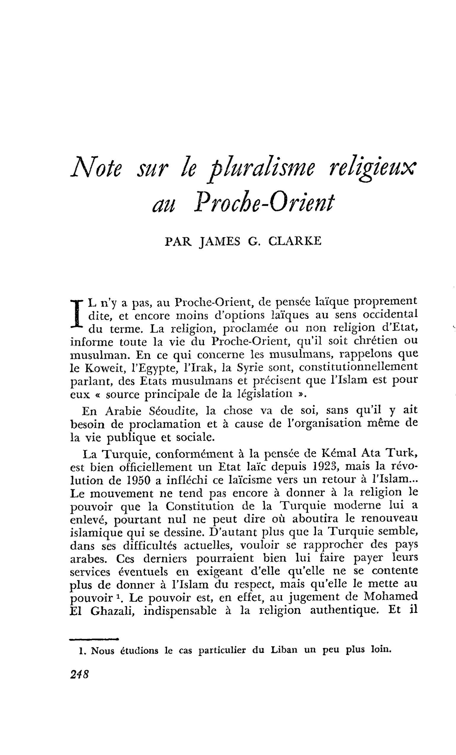 Note sur le pluralisme religieux au Proche-Orient
