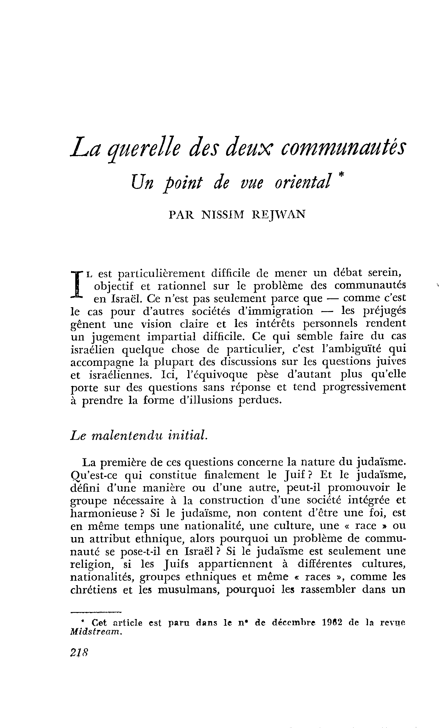 La querelle des deux communautés. Un point de vue oriental