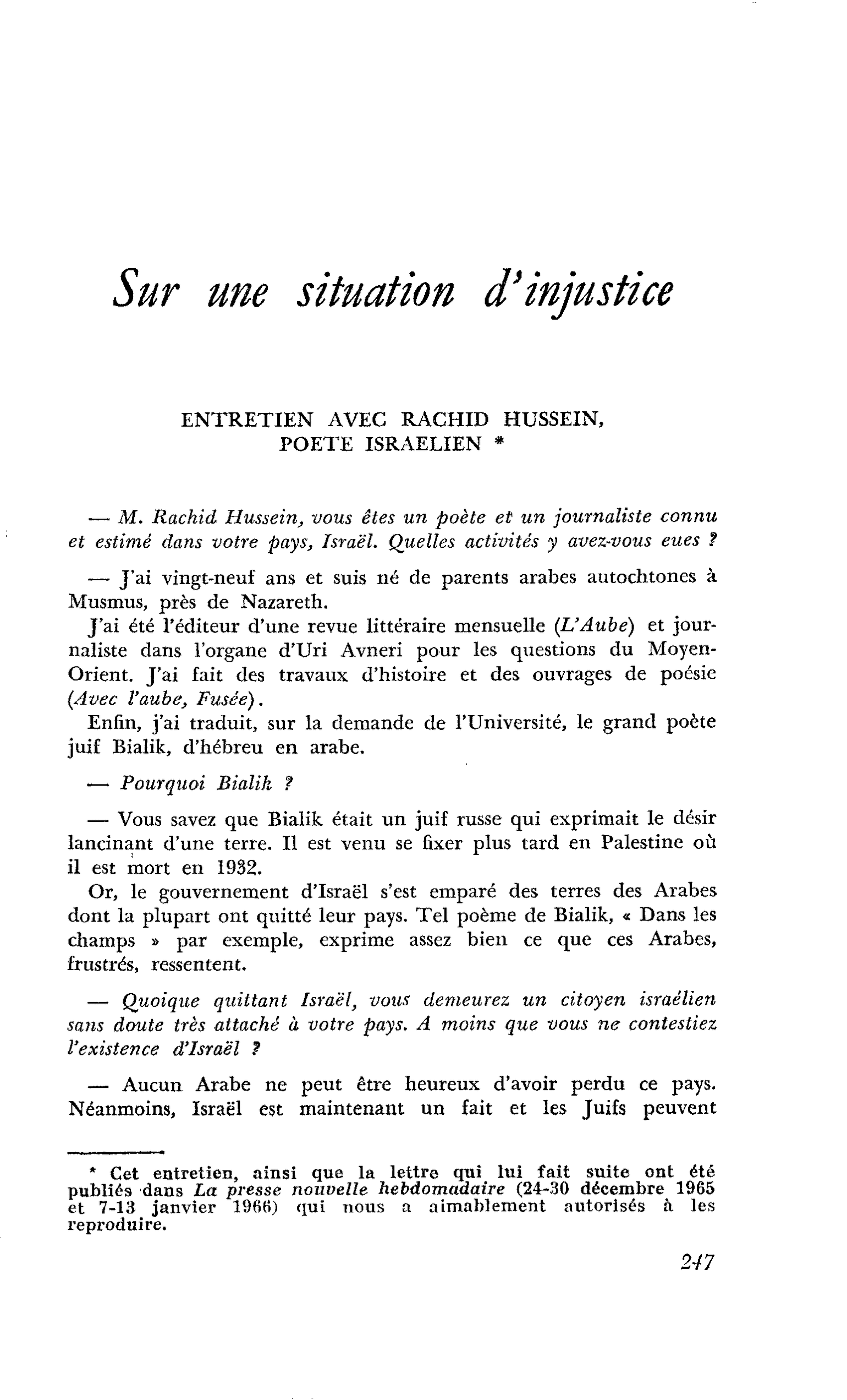 Sur une situation d’injustice. ENTRETIEN AVEC RACHID HUSSEIN, POETE ISRAELIEN