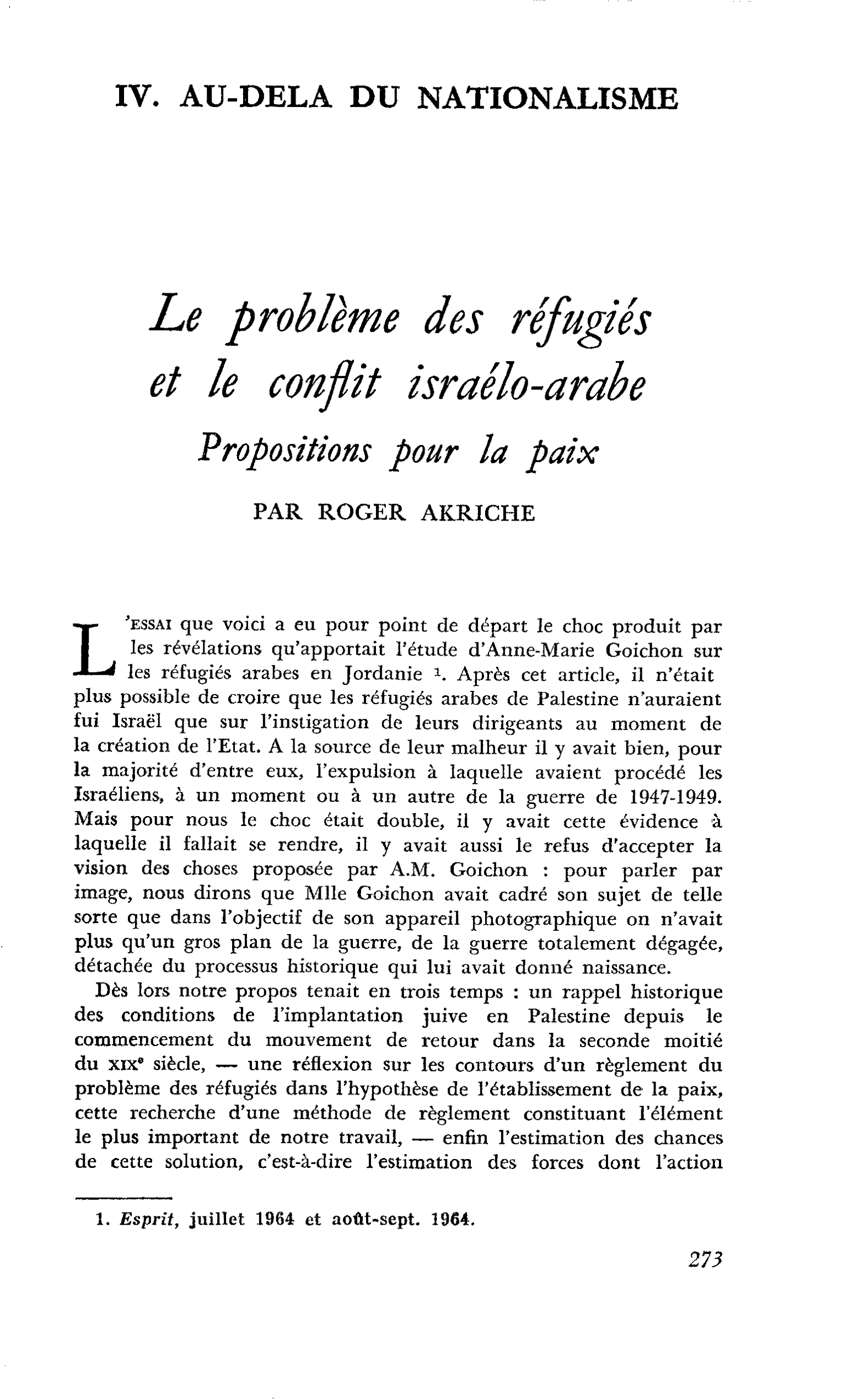 Le problème des réfugiés et le conflit israélo-arabe. Propositions pour la paix