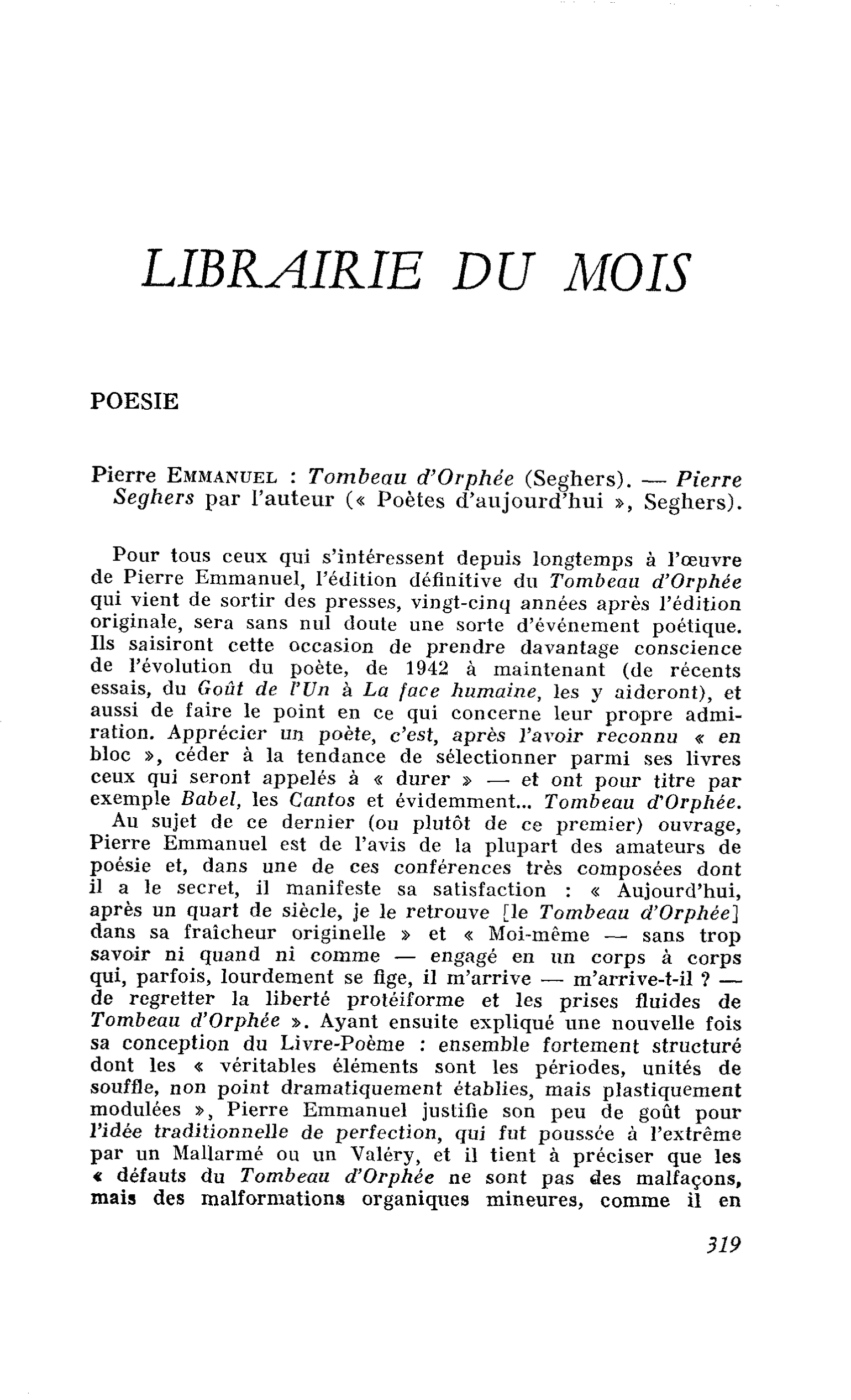 Pierre Emmanuel : Tombeau d’Orphée.