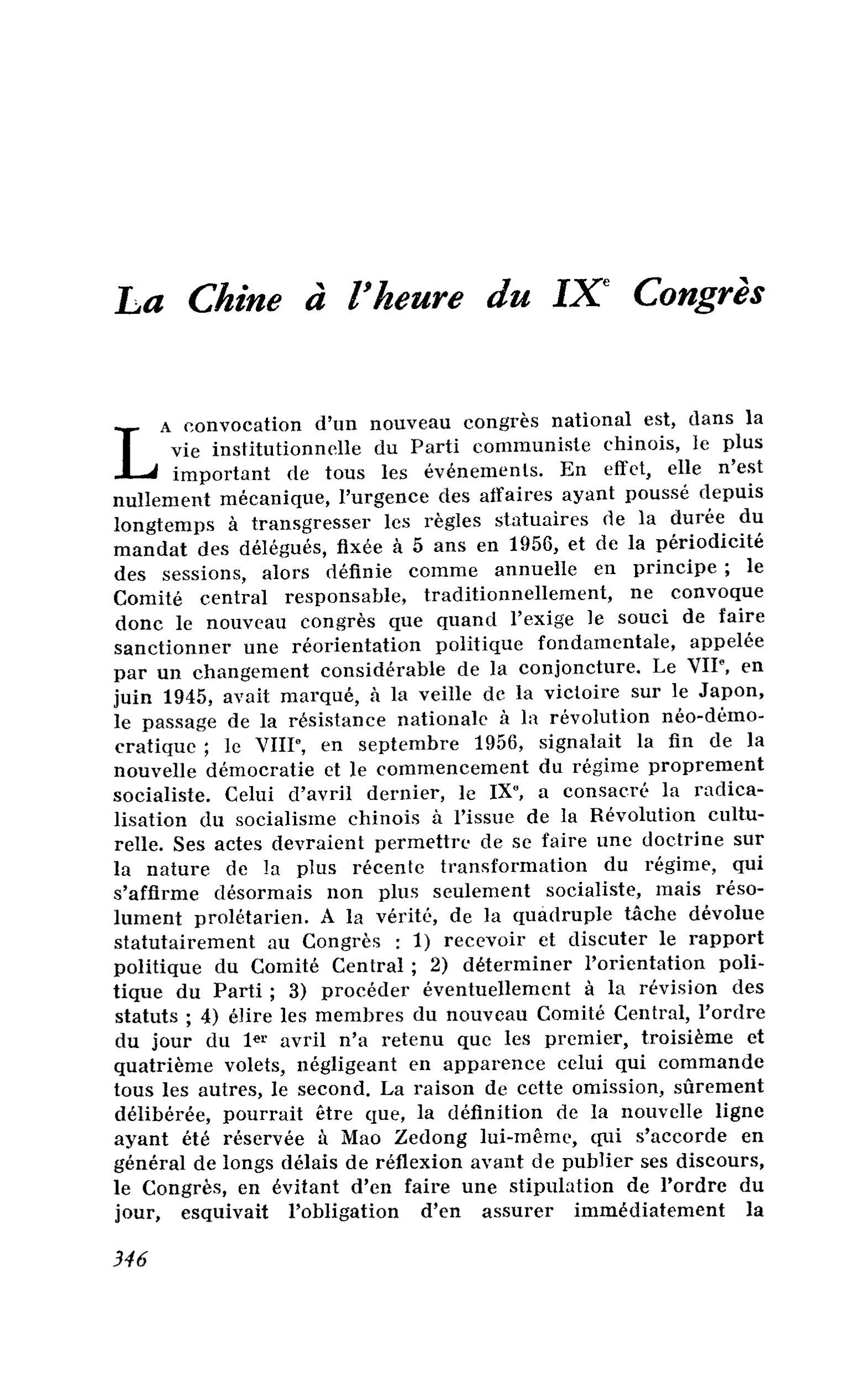 La Chine à l’heure du IXe Congrès
