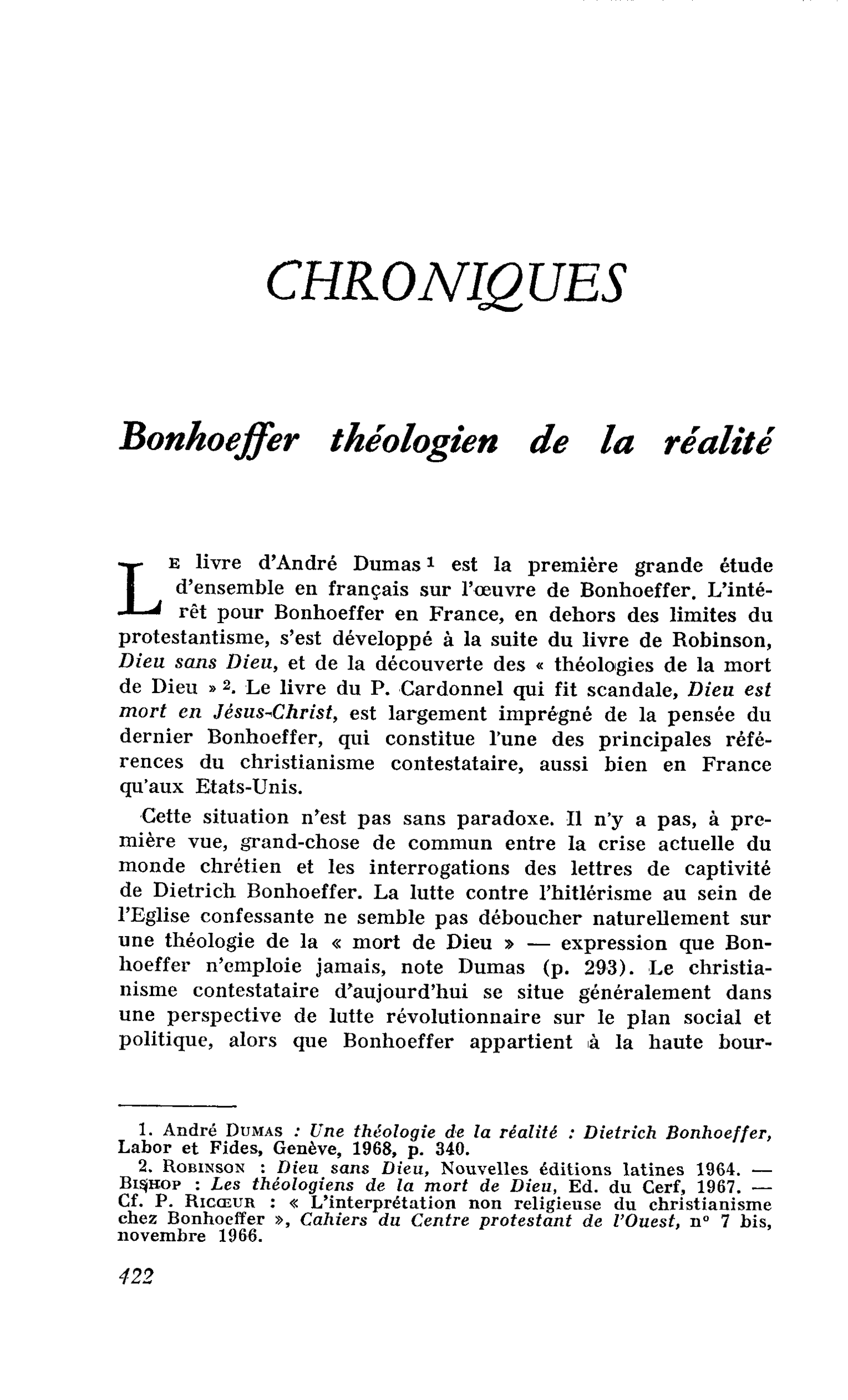 Bonhoeffer théologien de la réalité