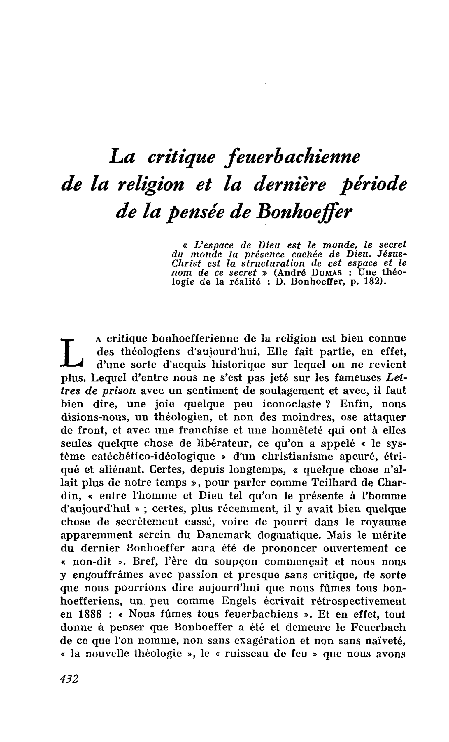 La critique feuerbachienne de la religion et la dernière période de la pensée de Bonkoeffer