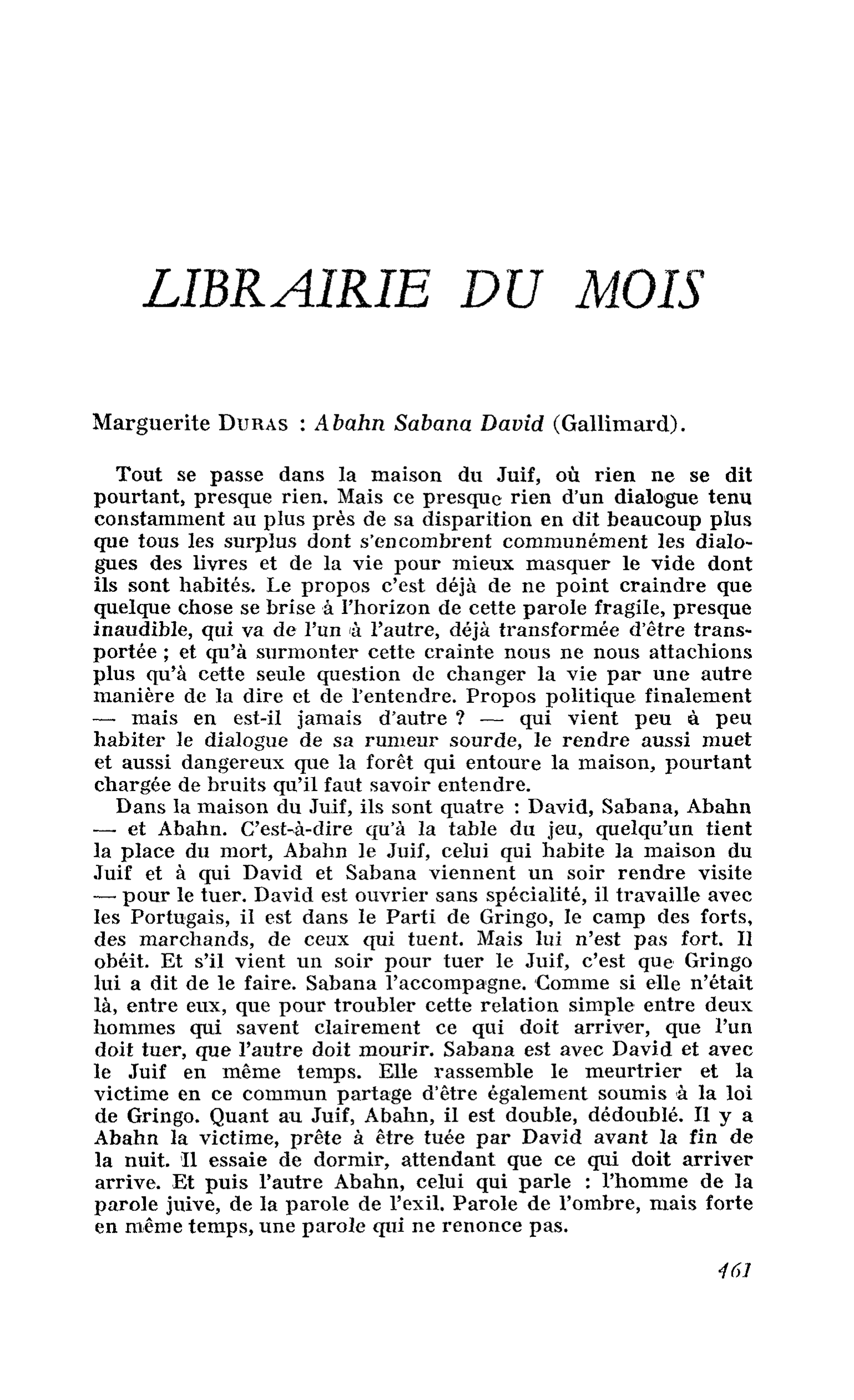 Marguerite Duras : Abahn Sabana David