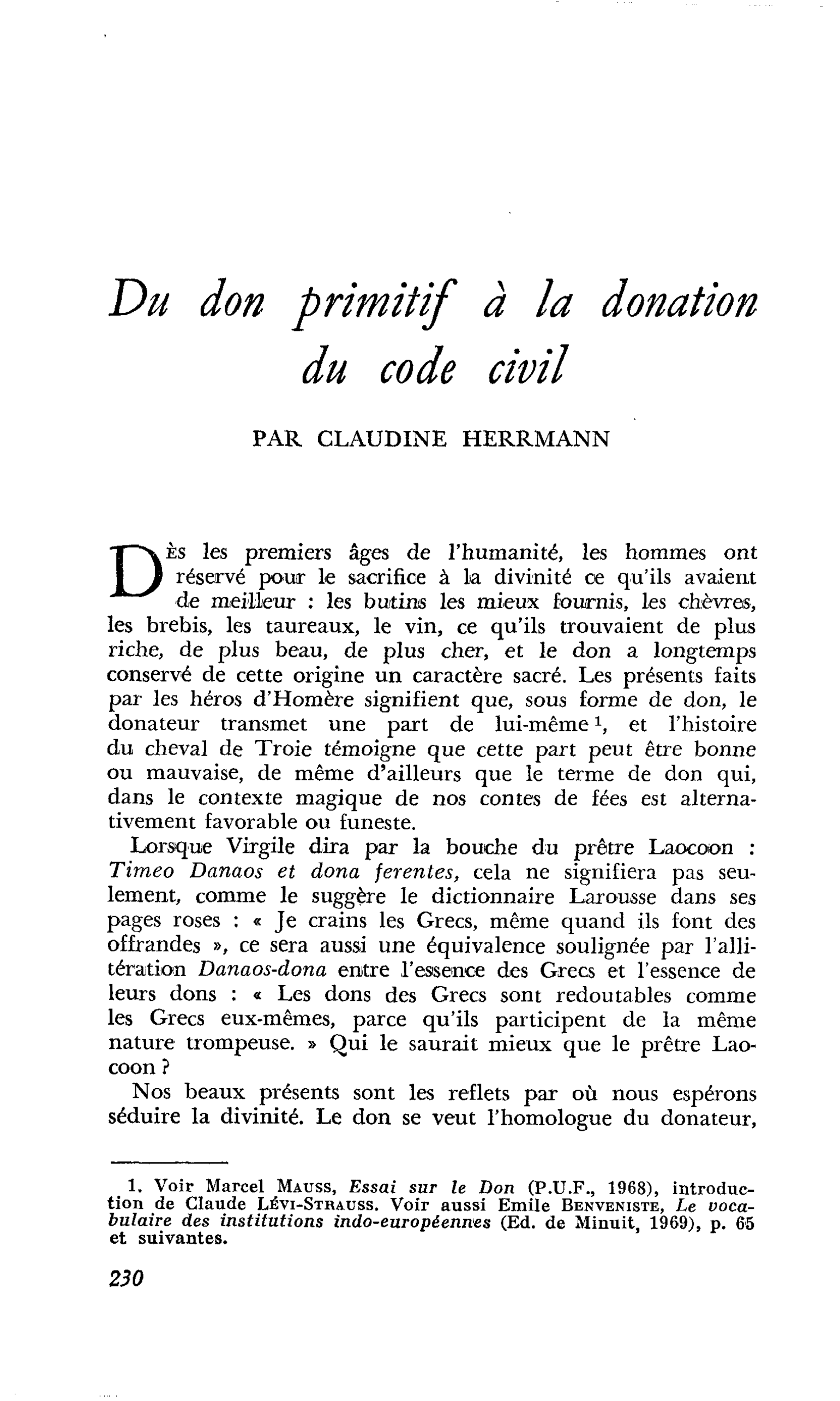 Du don primitif à la donation du code civil