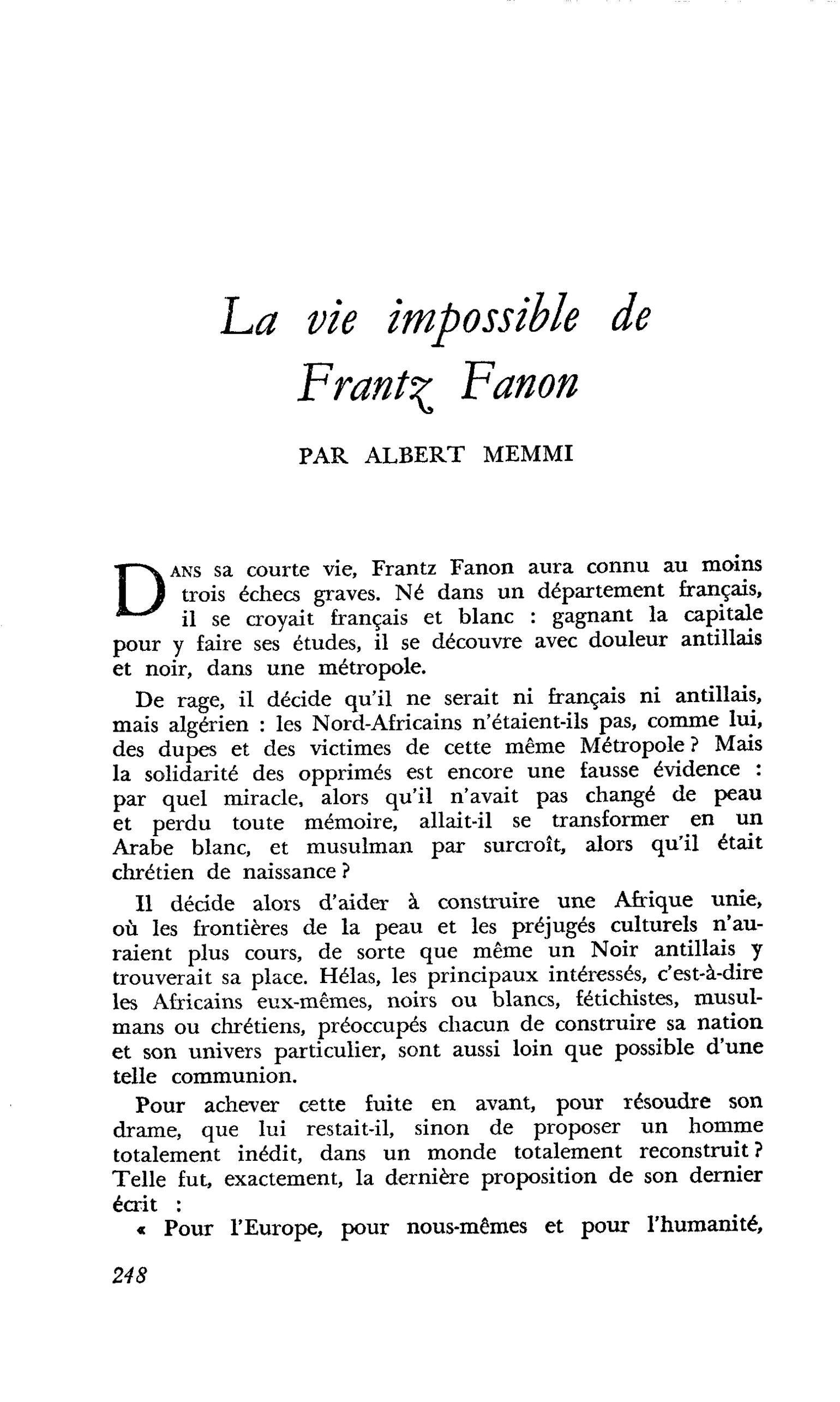 La vie impossible de Frantz Fanon
