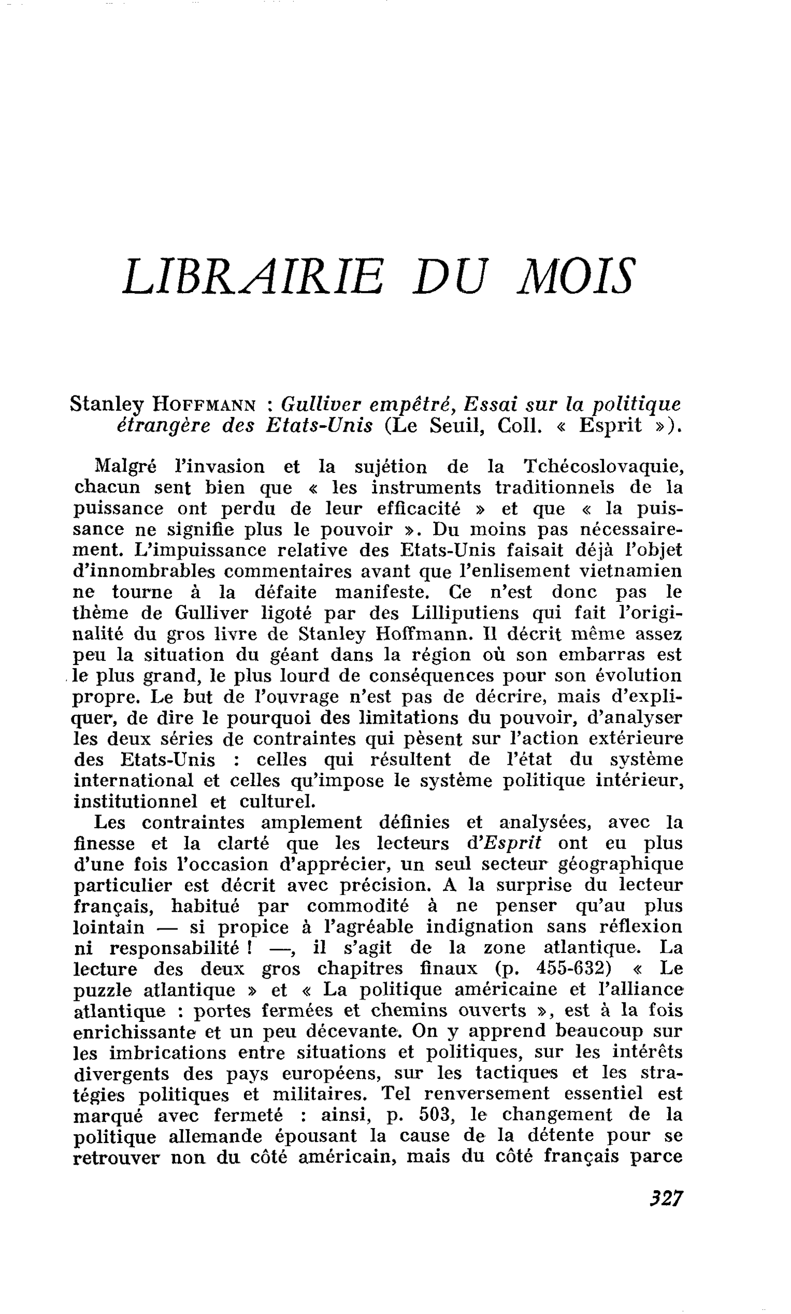 Stanley Hoffmann : Gulliver empêtré. Essai sur la politique étrangère des Etats-Unis