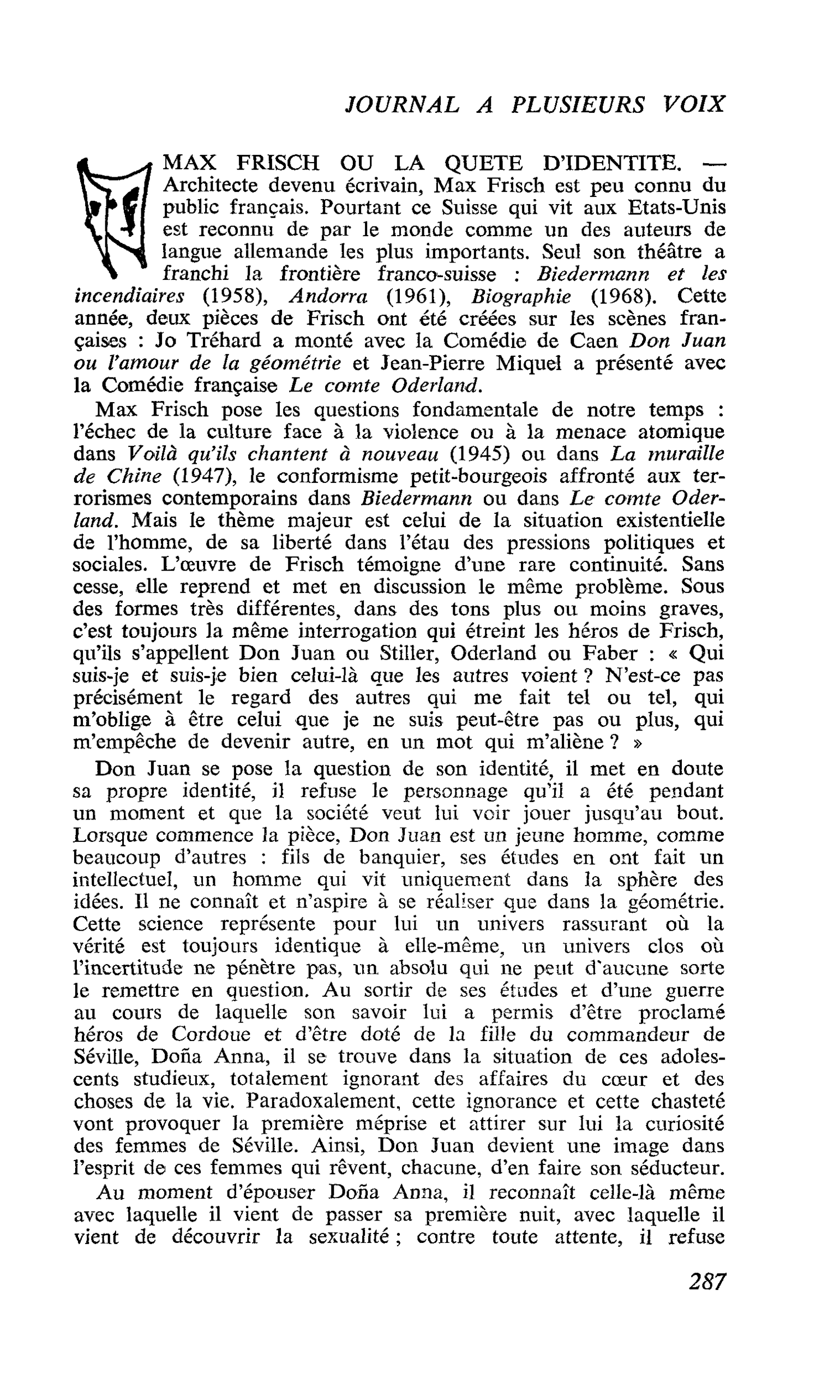 MAX FRISCH OU LA QUETE D’IDENTITE