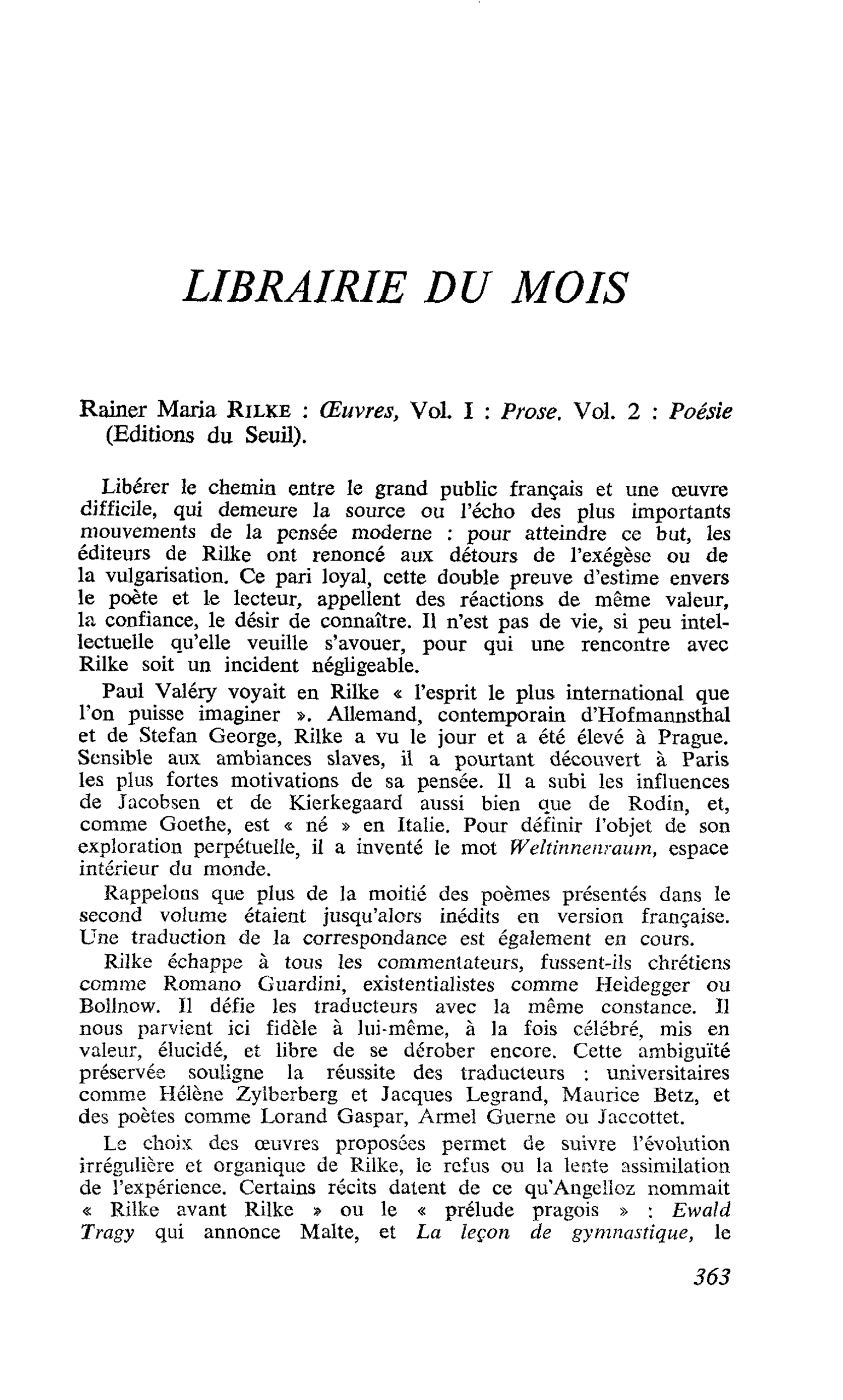 Rainer Maria Rilke : Oeuvres, Vol. I : Prose. Vol. 2 : Poésie