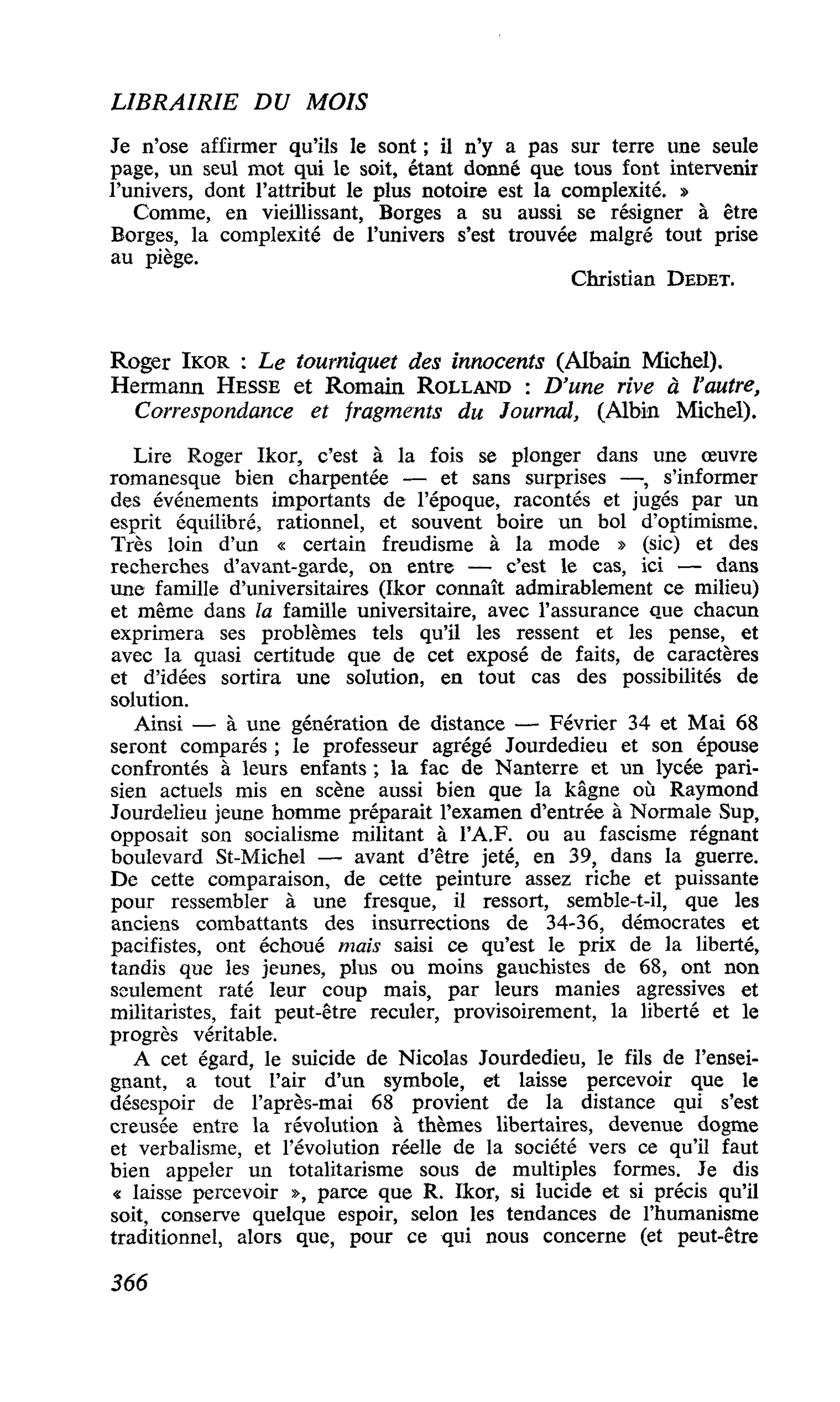 Roger Ikor : Le tourniquet des innocents. Hermann Hesse et Romain Rolland : D’une rive à l’autre, Correspondance et fragments du Journal