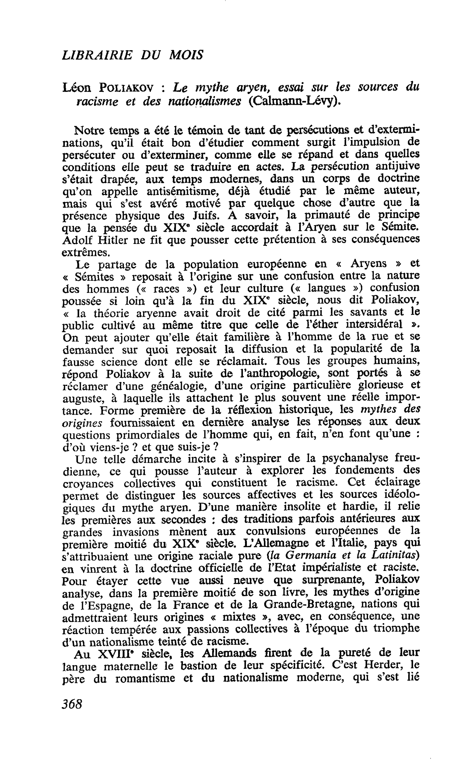 Léon Poliakov : Le mythe aryen, essai sur les sources du racisme et des nationalismes