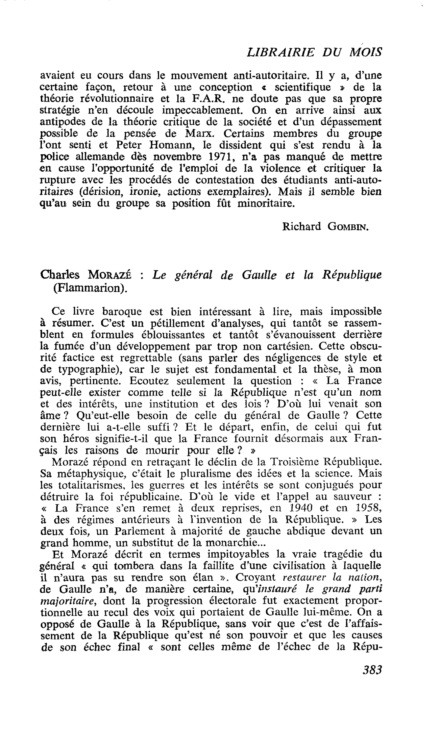 Charles Morazé : Le général de Gaulle et la République