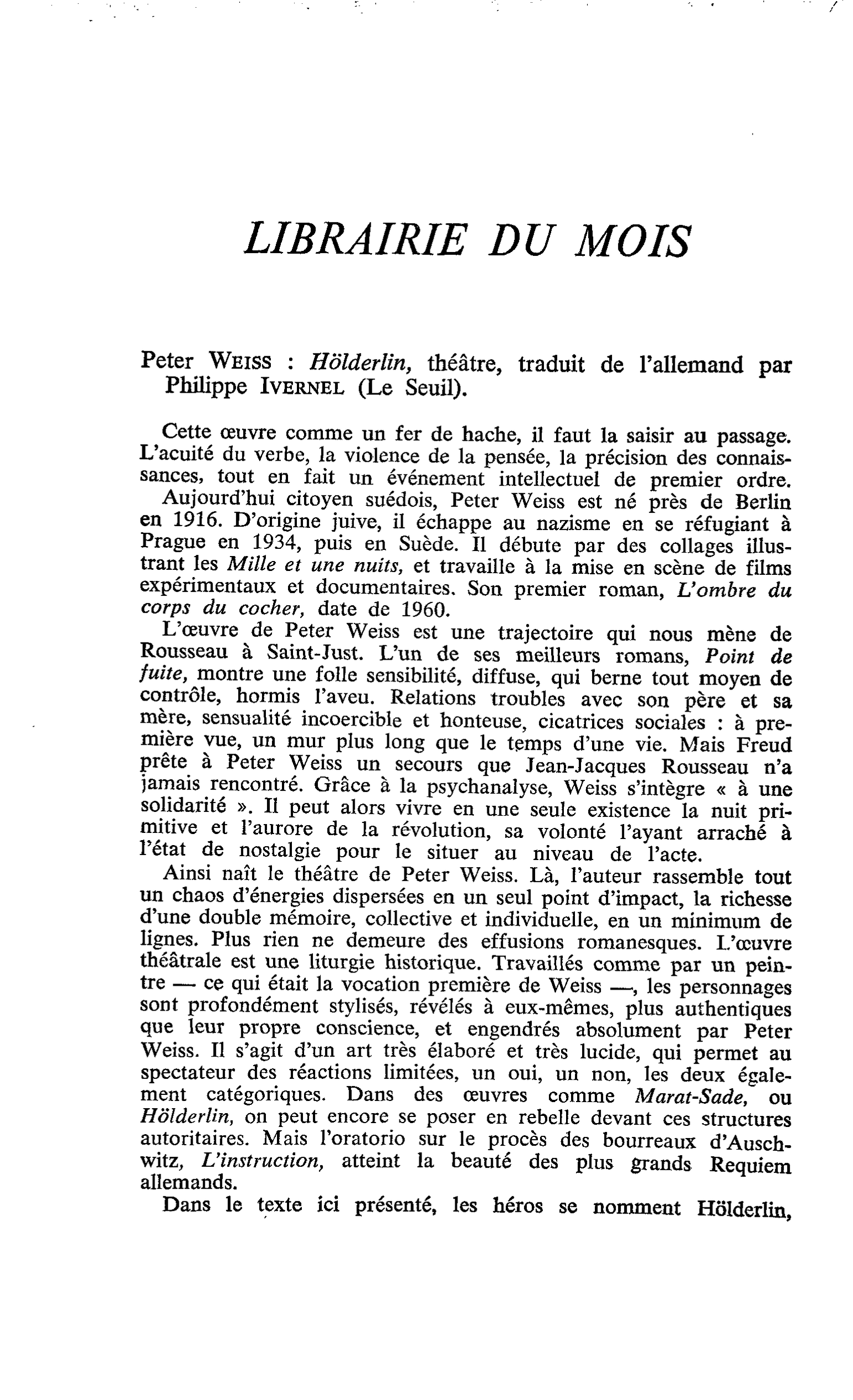 Peter Weiss : Hölderlin, théâtre
