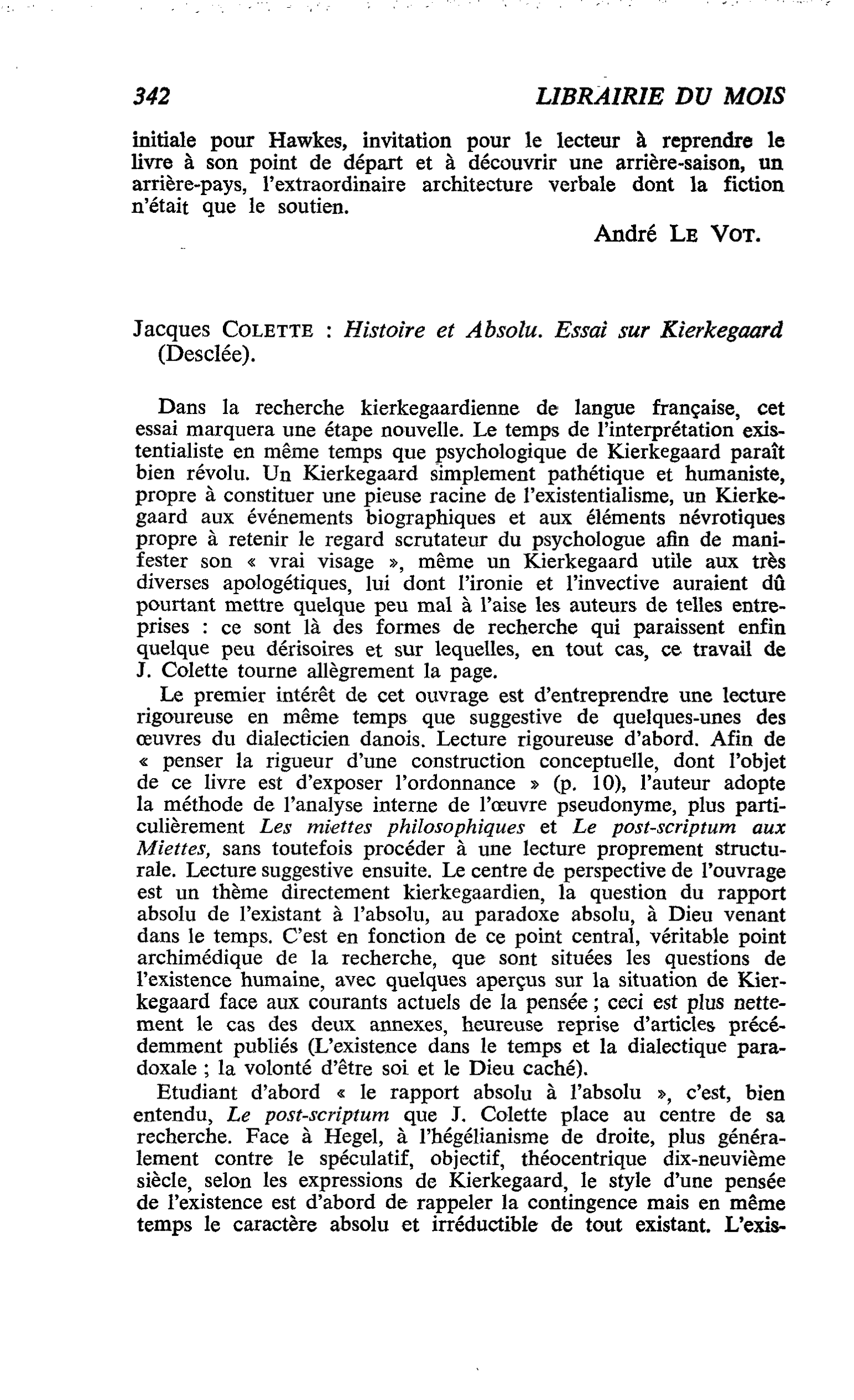 Jacques Colette : Histoire et Absolu. Essai sur Kierkegaard