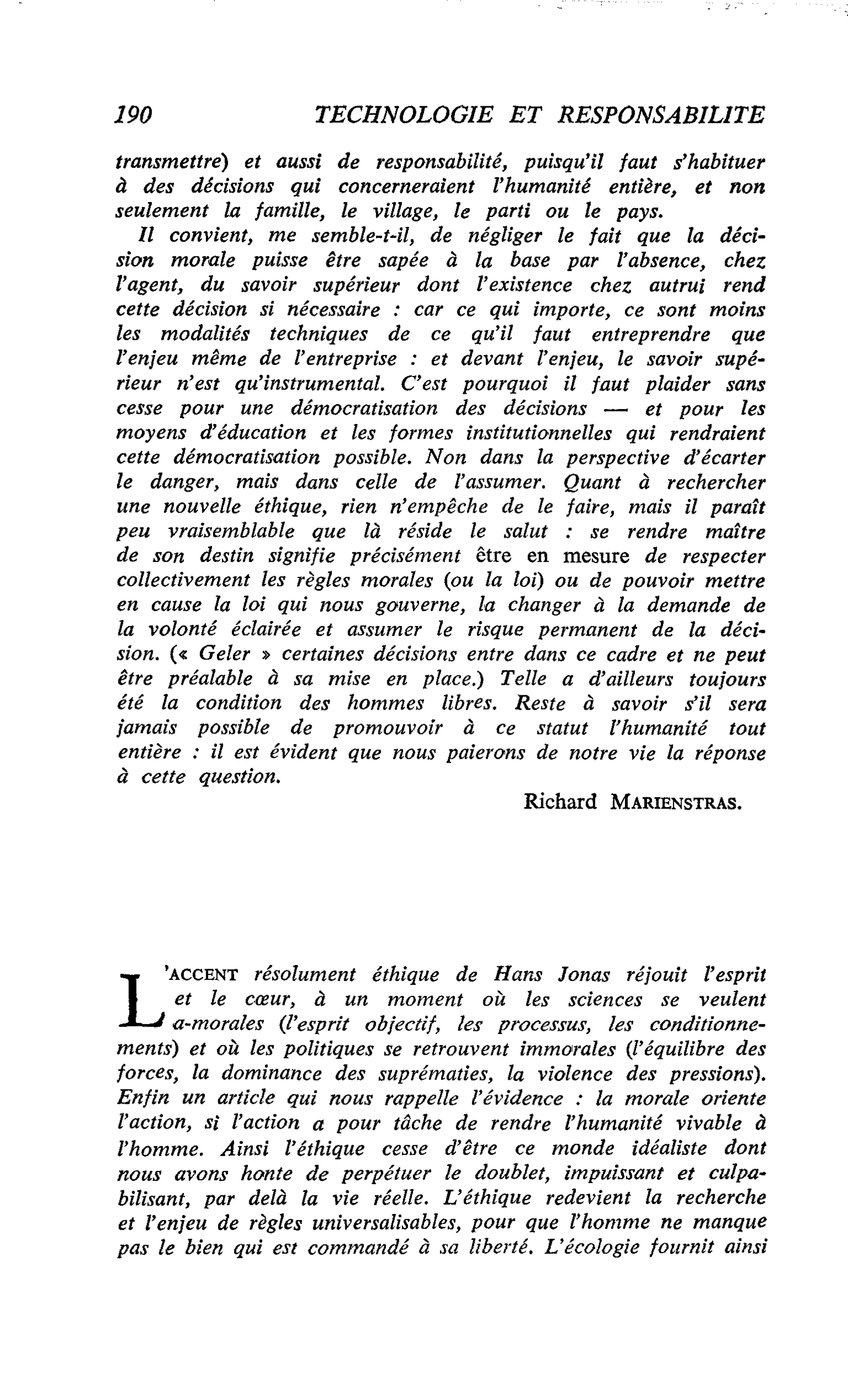 Technologie et responsabilité. Pour une nouvelle éthique