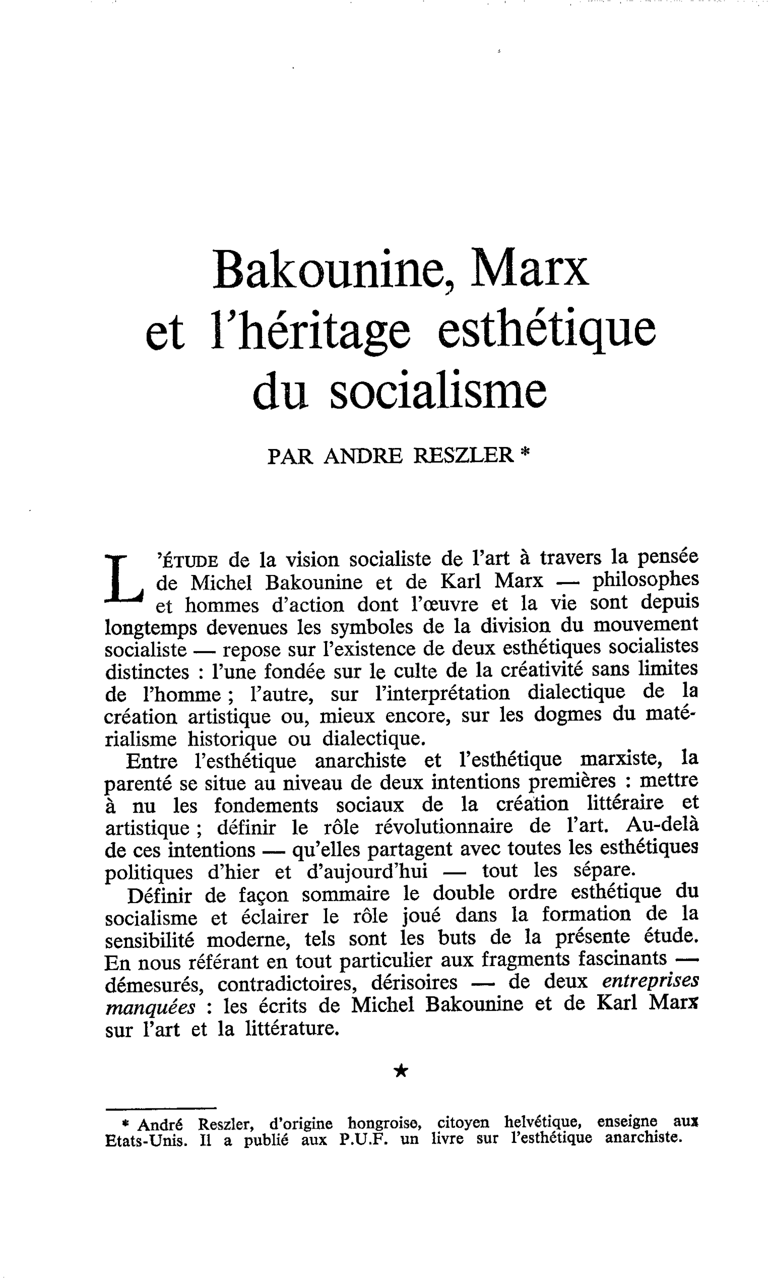 Bakounine, Marx et l’héritage esthétique du socialisme