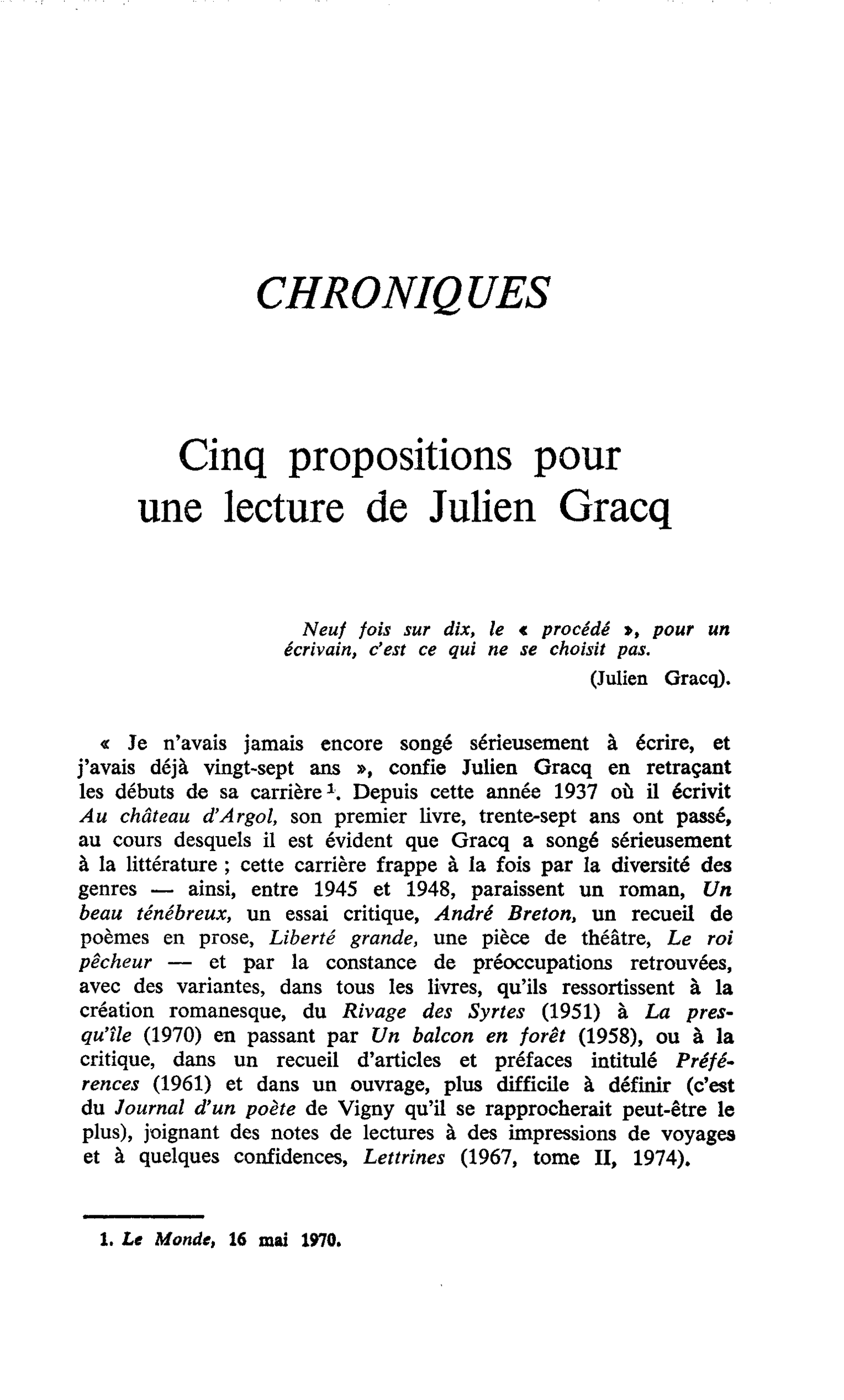 Cinq propositions pour une lecture de Julien Gracq