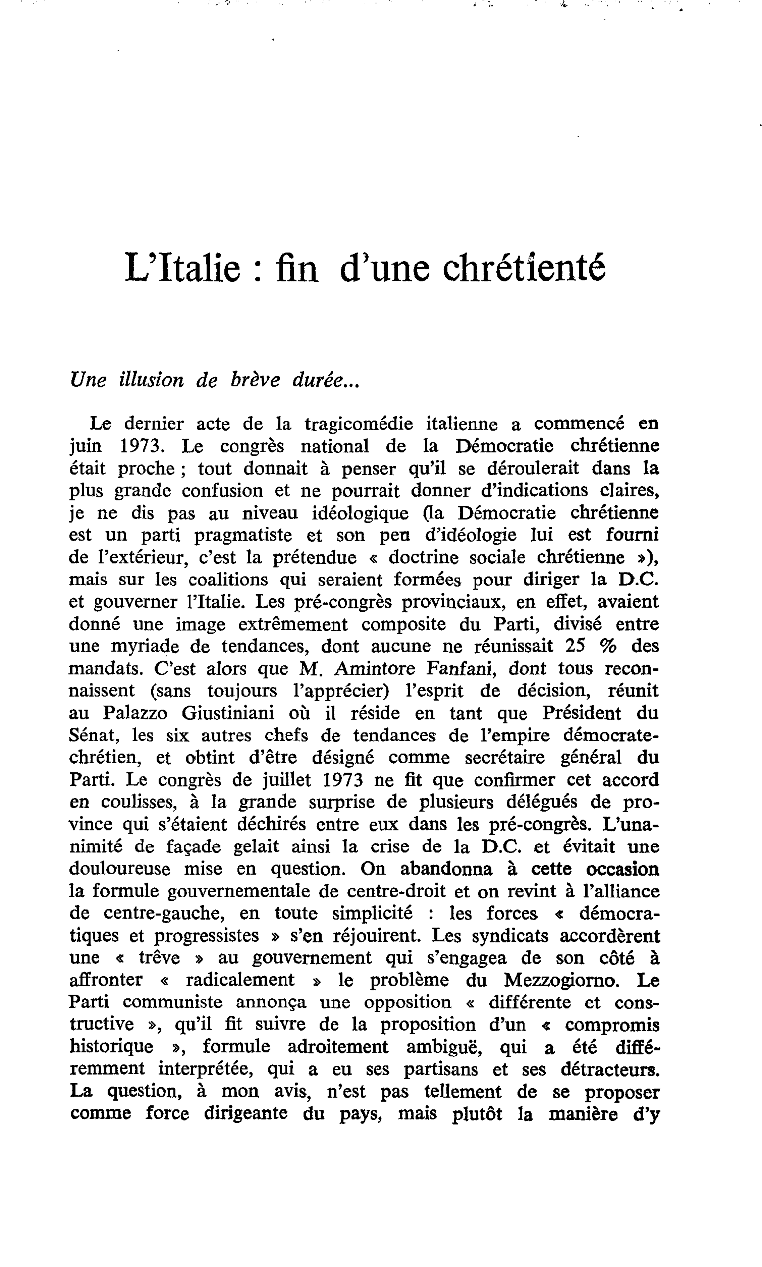 L’Italie : fin d’une chrétienté