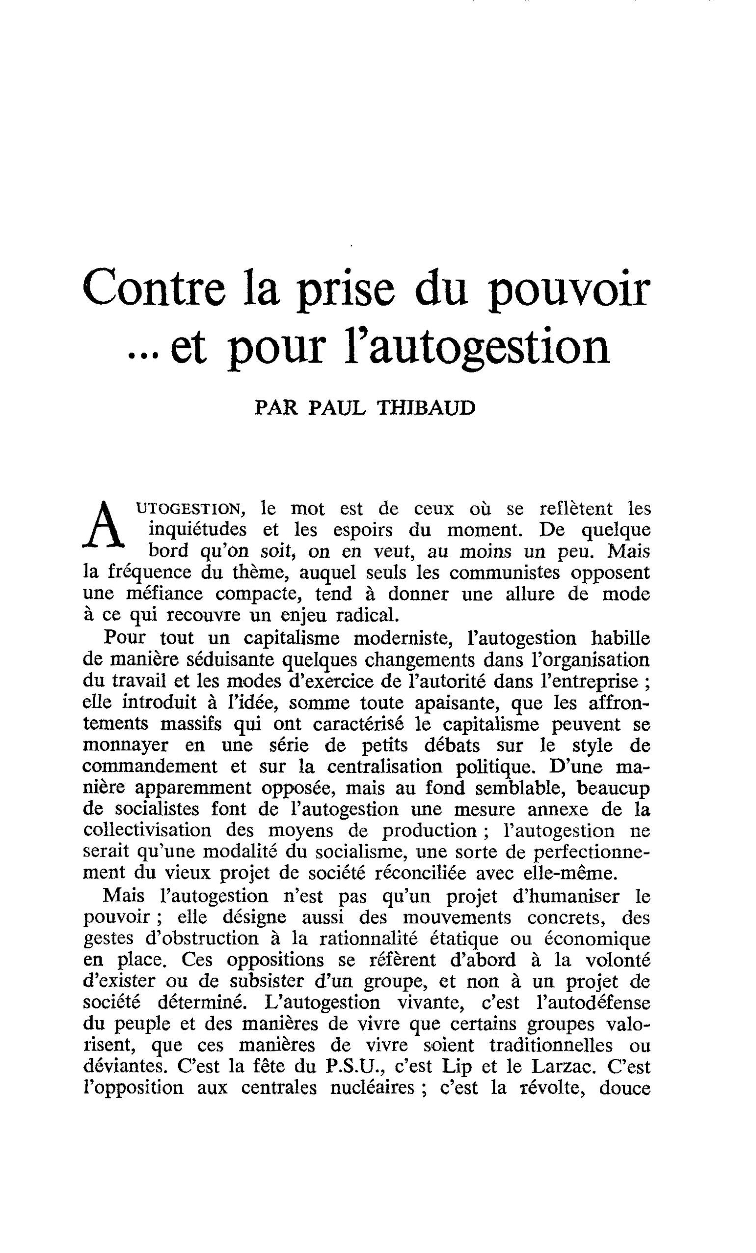 Contre la prise du pouvoir … et pour l’autogestion