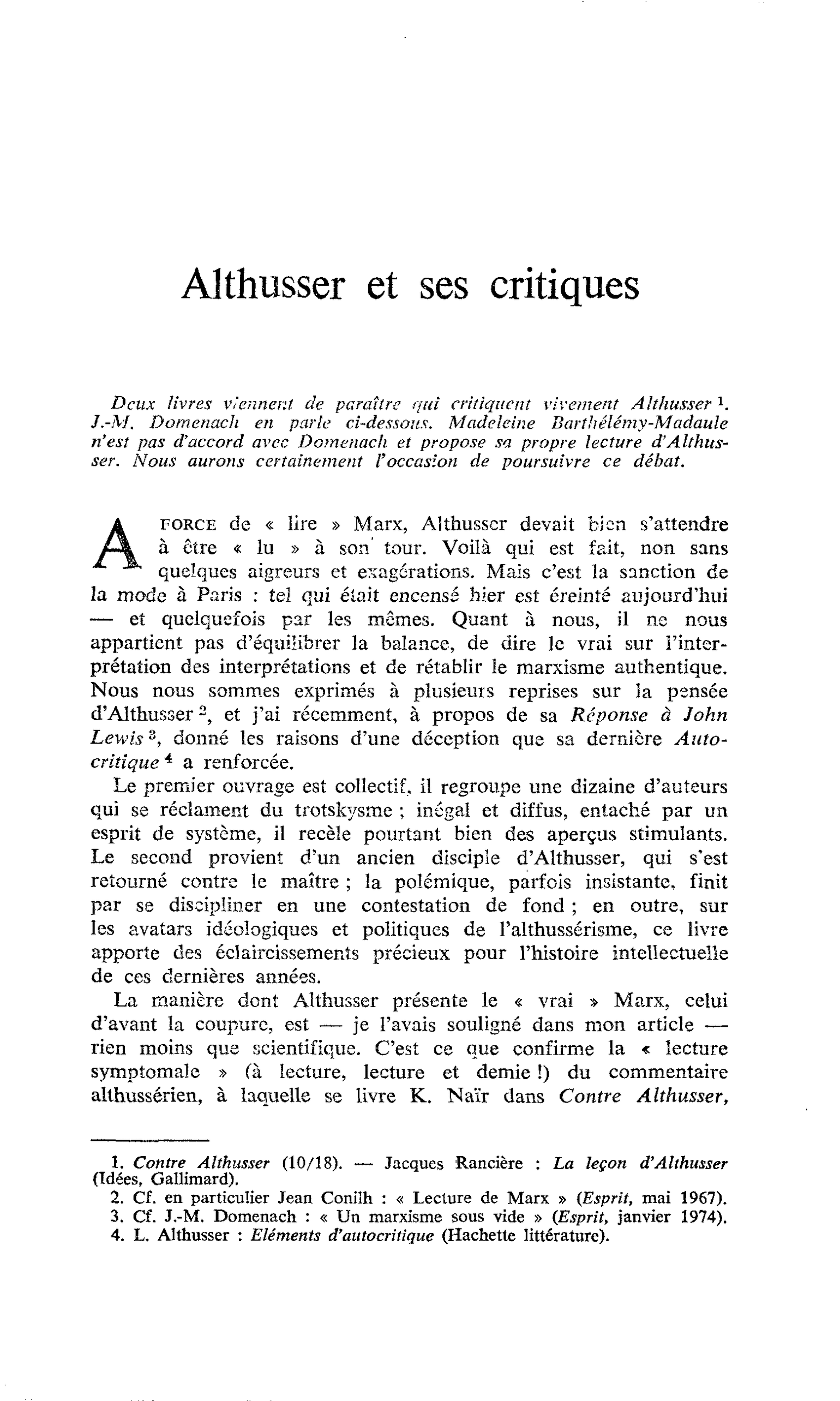 Althusser et ses critiques