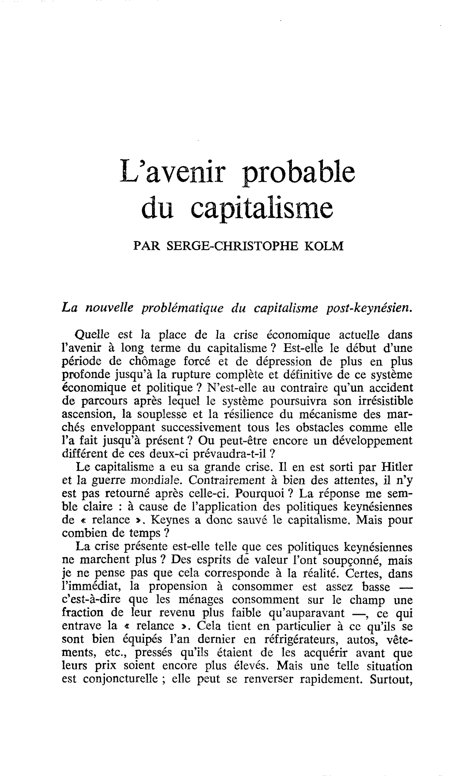 L’avenir probable du capitalisme