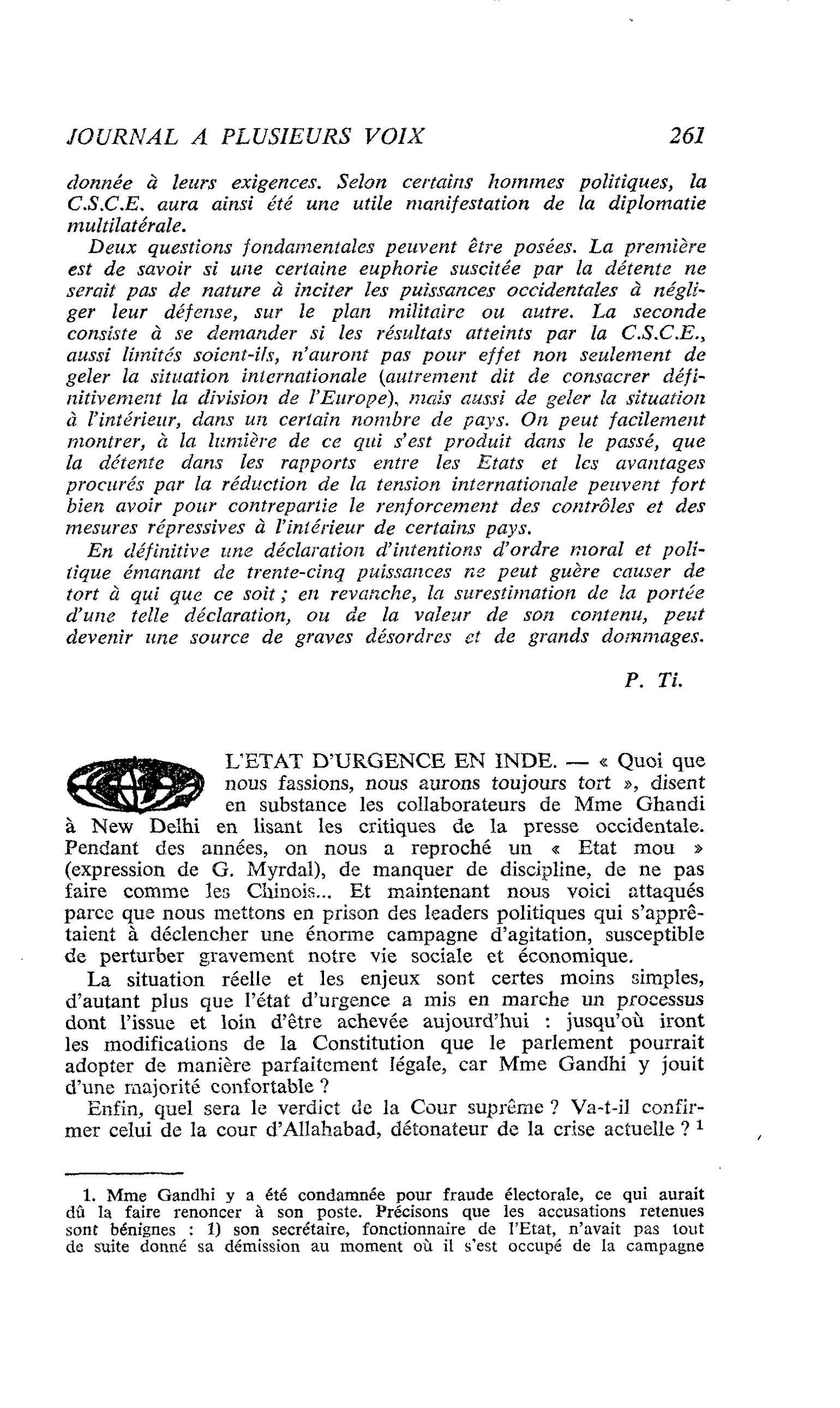 L’ETAT D’URGENCE EN INDE