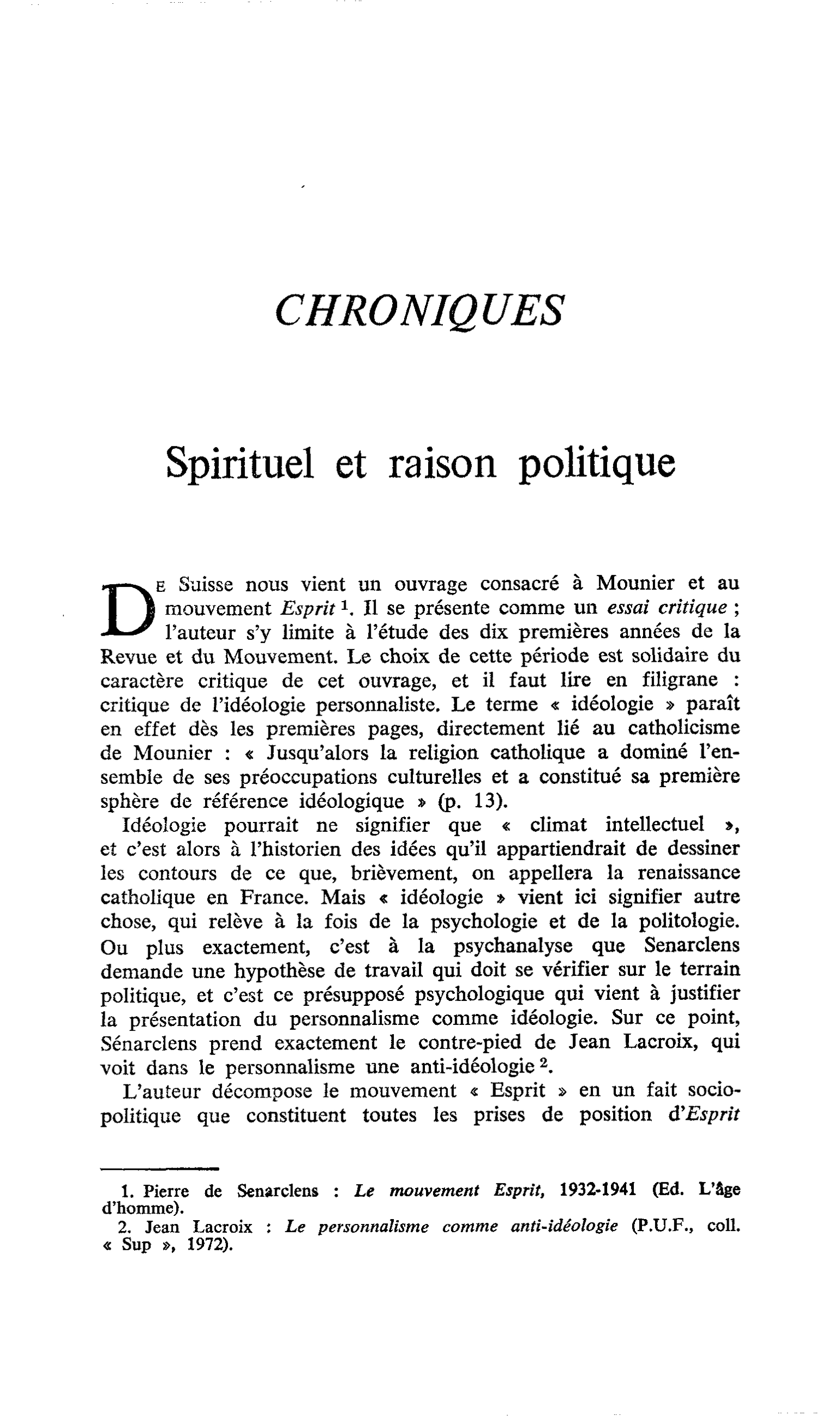 Spirituel et raison politique