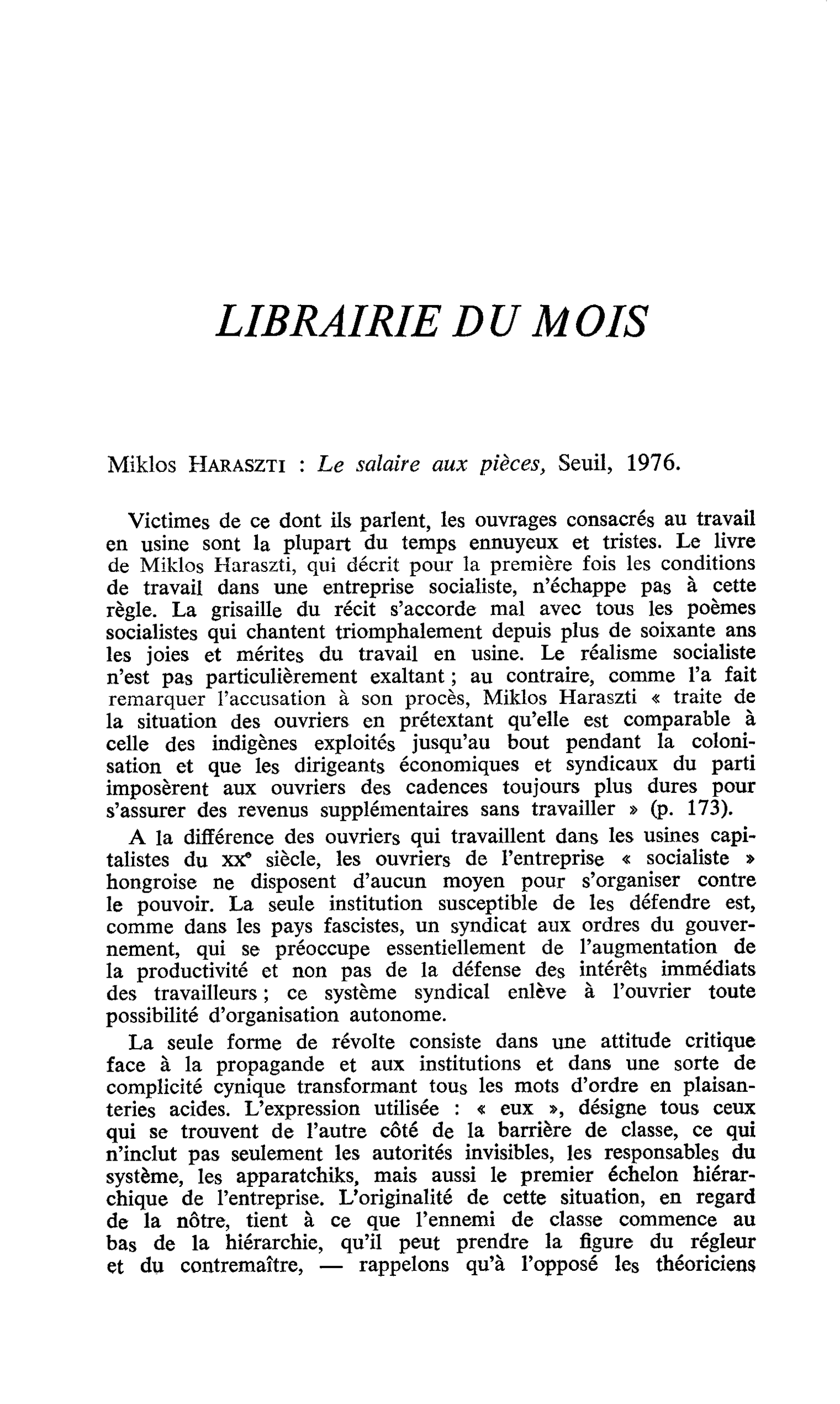 Miklos Haraszti : Le salaire aux pièces