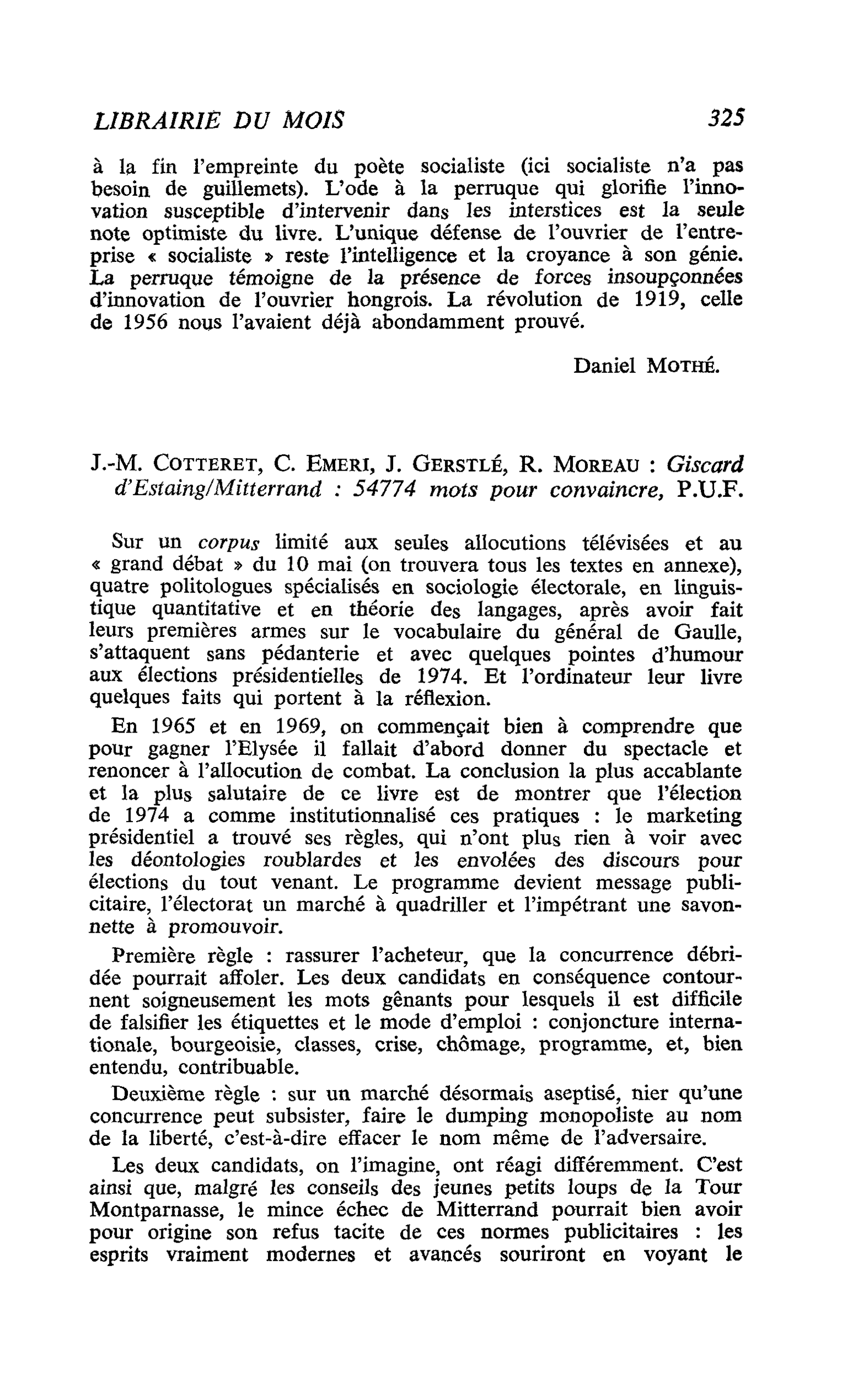 J.-M. Cotteret, C. Emeri, J. Gerstlé, R. Moreau : Giscard d’Estaing/Mitterrand : 54774 mots pour convaincre