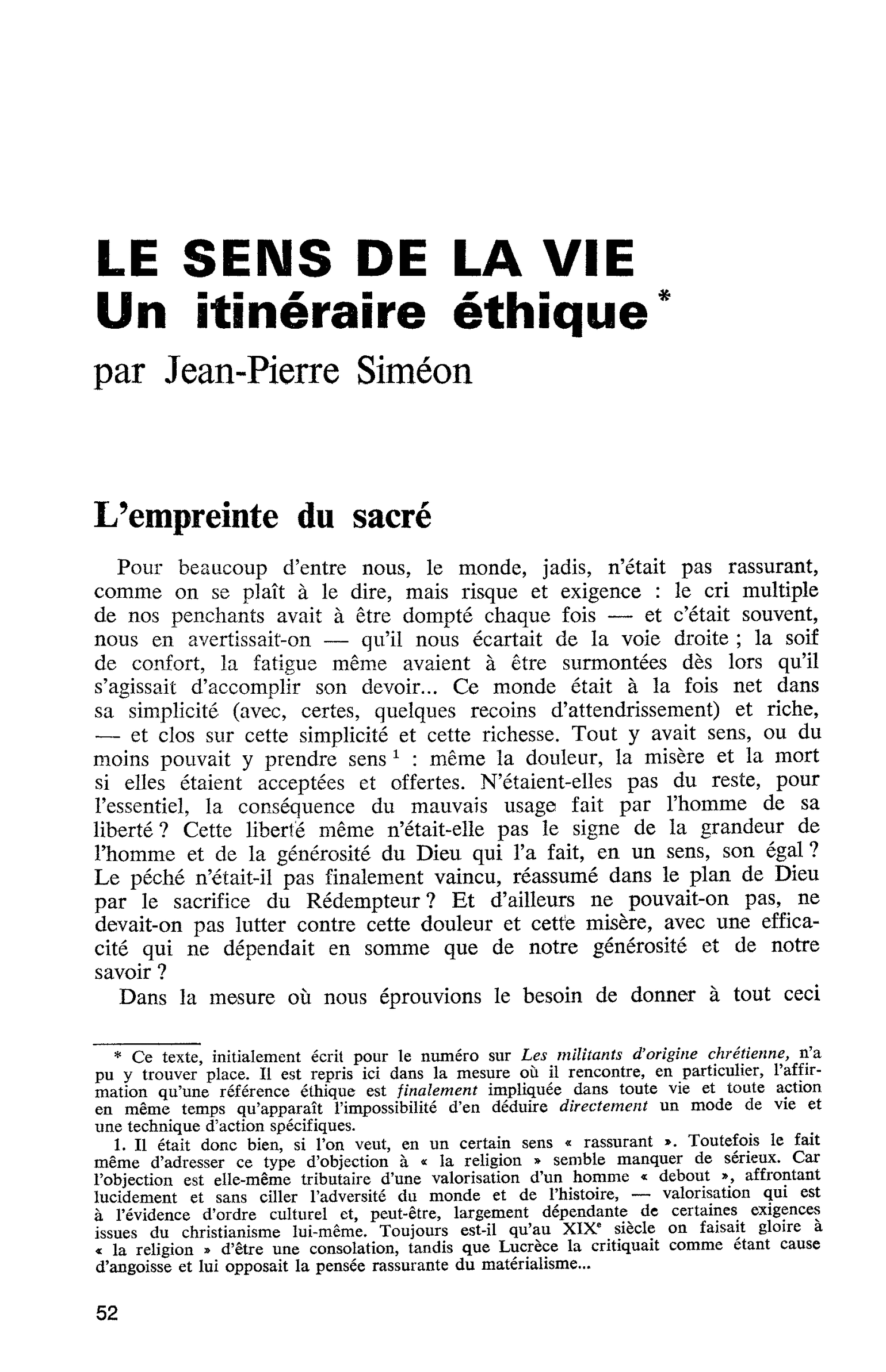 LE SENS DE LA VIE Un itinéraire éthique