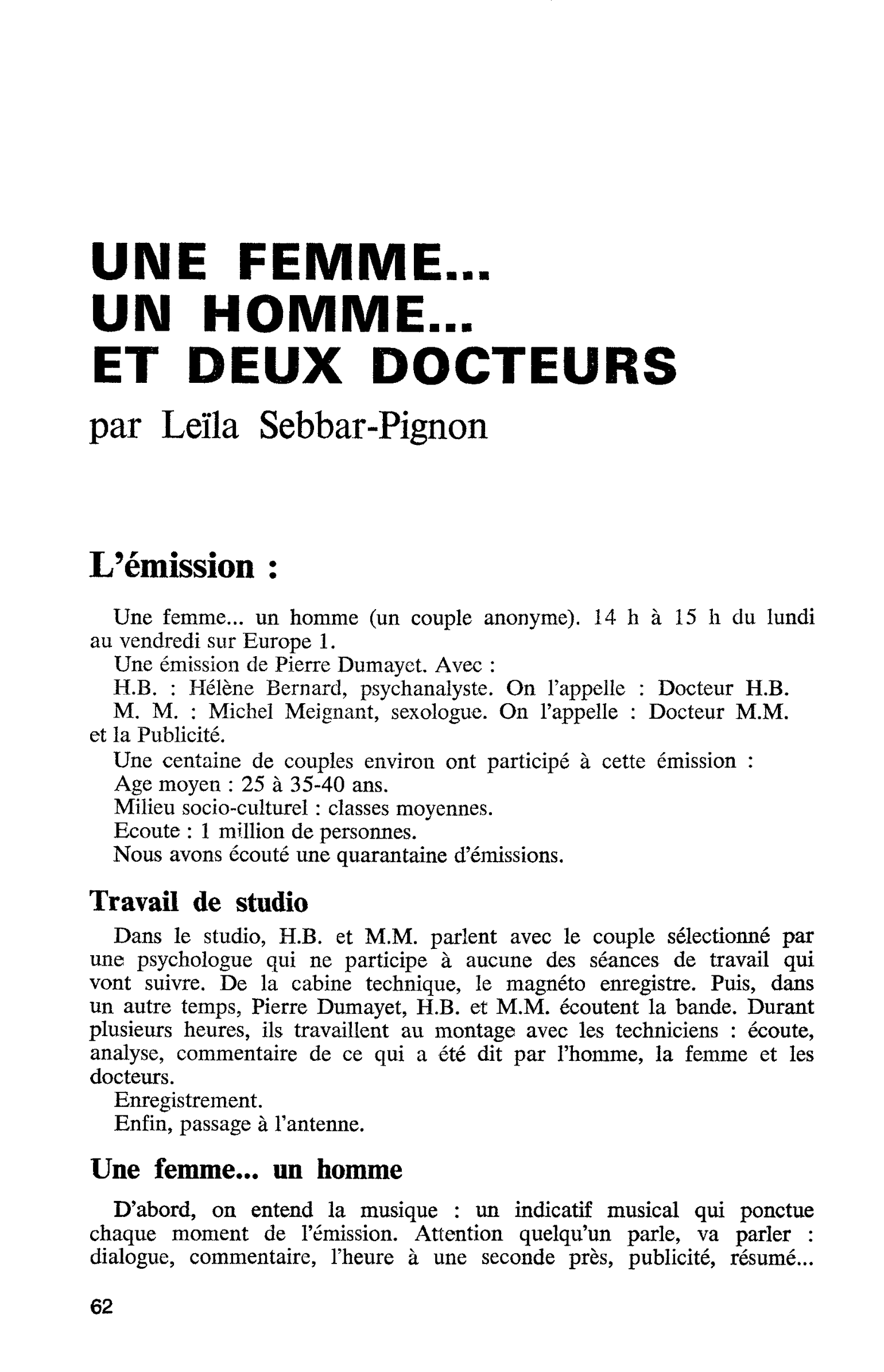 UNE FEMME… UN HOMME… ET DEUX DOCTEURS