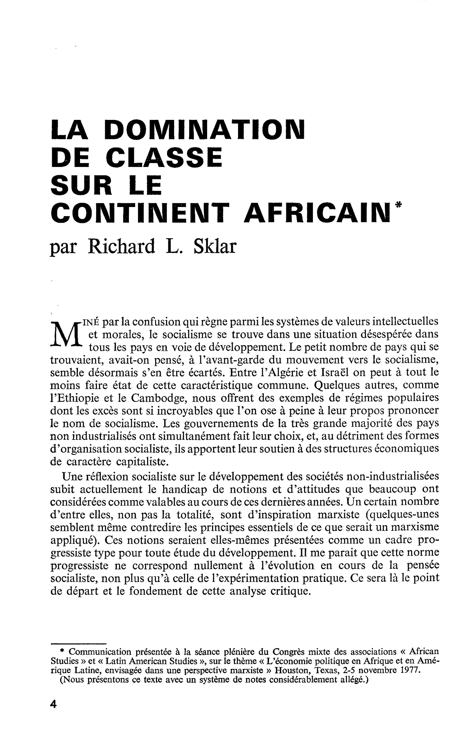 LA DOMINATION DE CLASSE SUR LE CONTINENT AFRICAIN