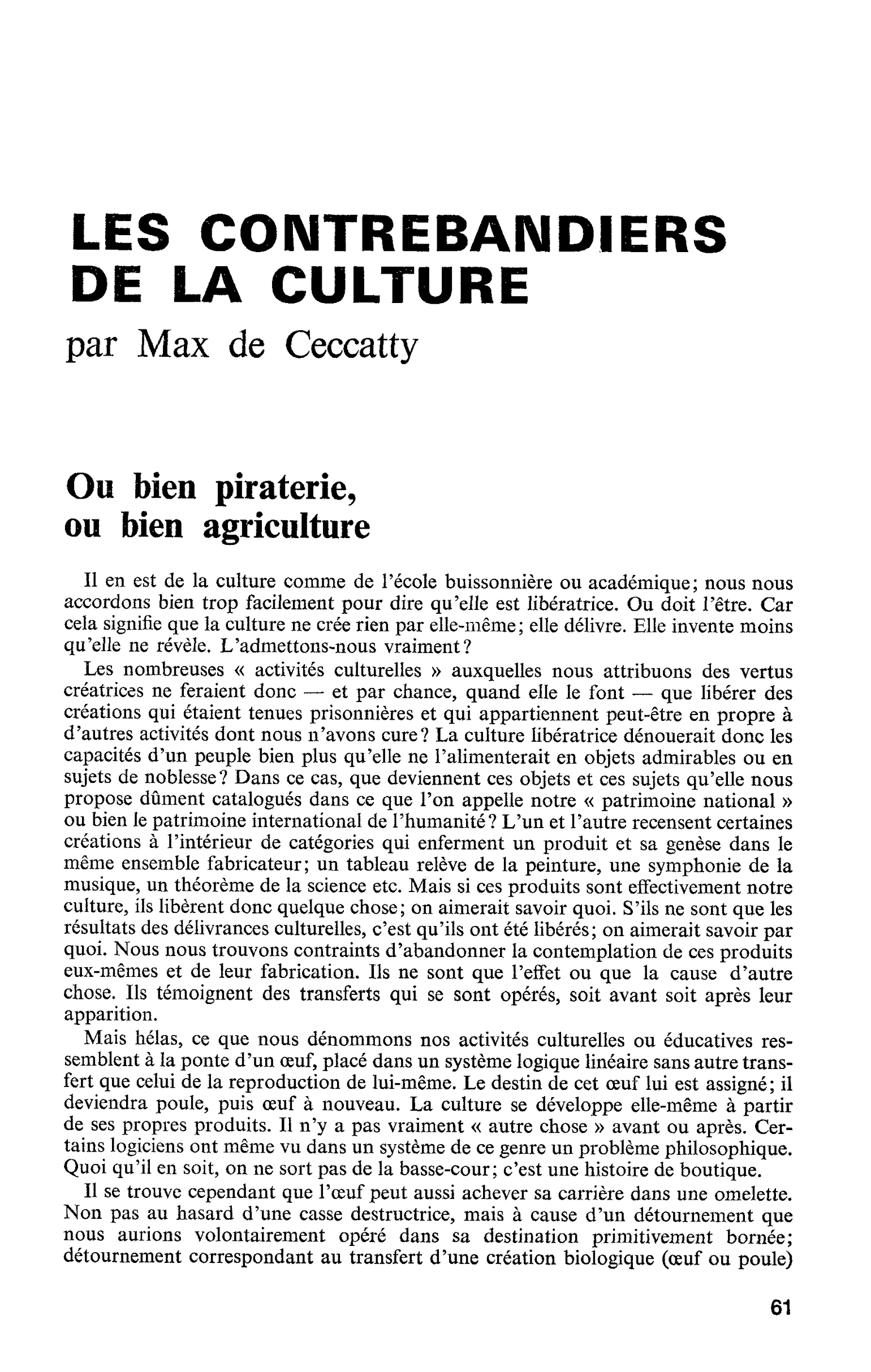 LES CONTREBANDIERS DE LA CULTURE