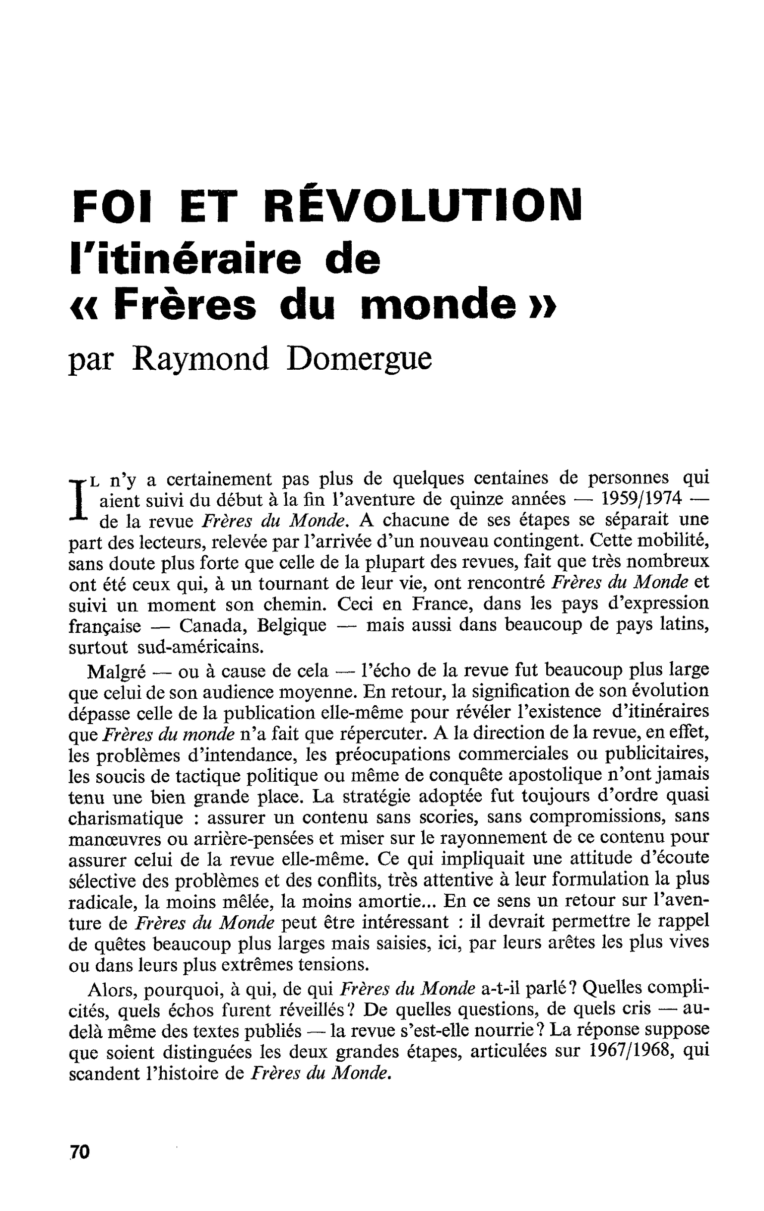 FOI ET RÉVOLUTION. L’itinéraire de « Frères du monde »