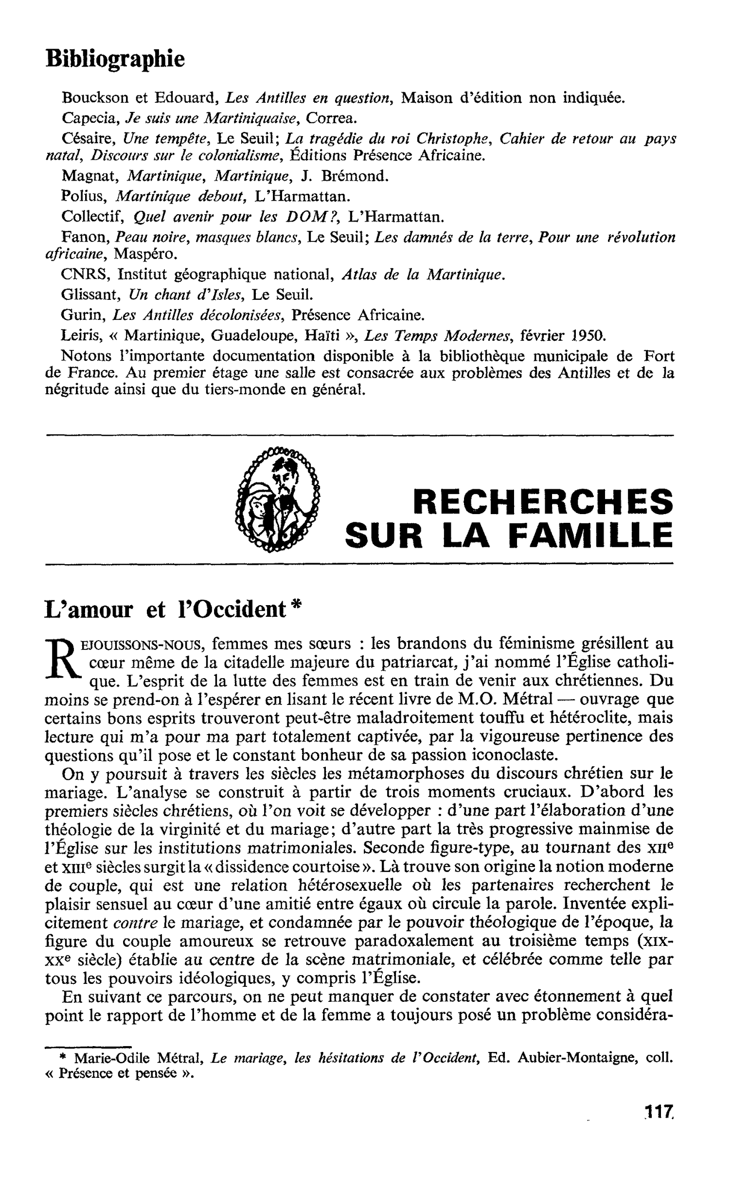 RECHERCHES SUR LA FAMILLE : L’amour et l’Occident